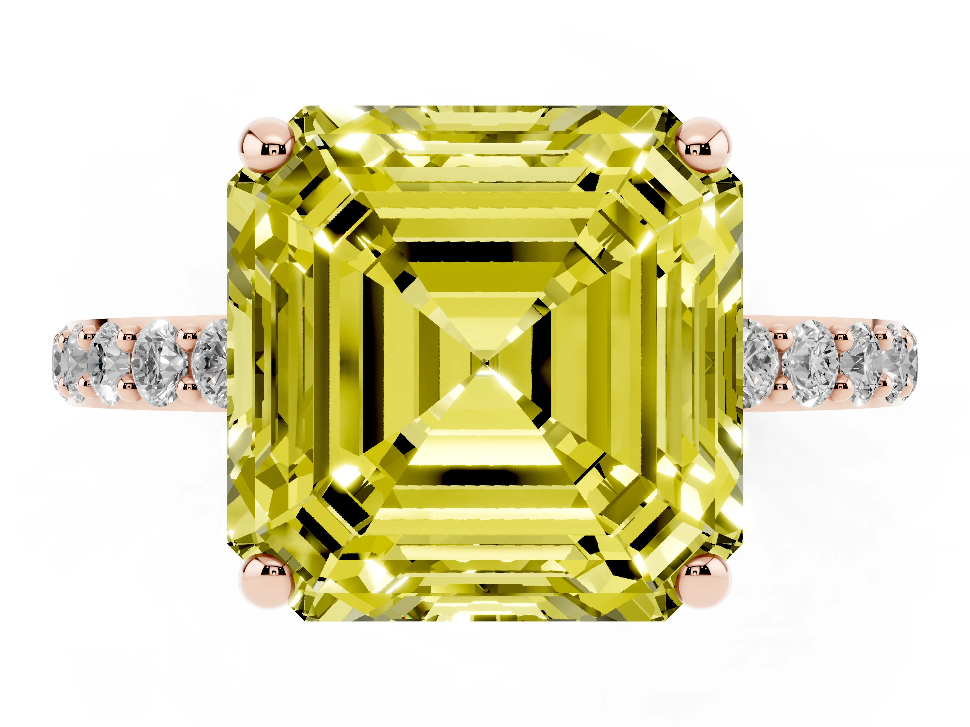 Fancy Yellow Asscher Cut Diamond Solitaire Ring Set in Rose gold with Round Pavé Band and Prong Setting