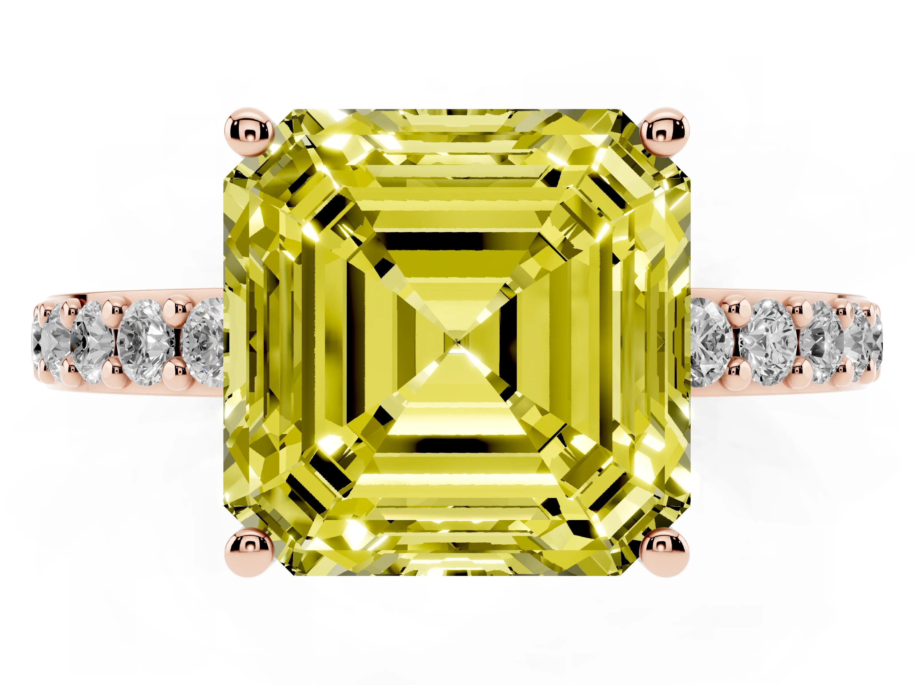 Fancy Yellow Asscher Cut Diamond Solitaire Set in Rose gold with Round Pavé Band and Prong Setting