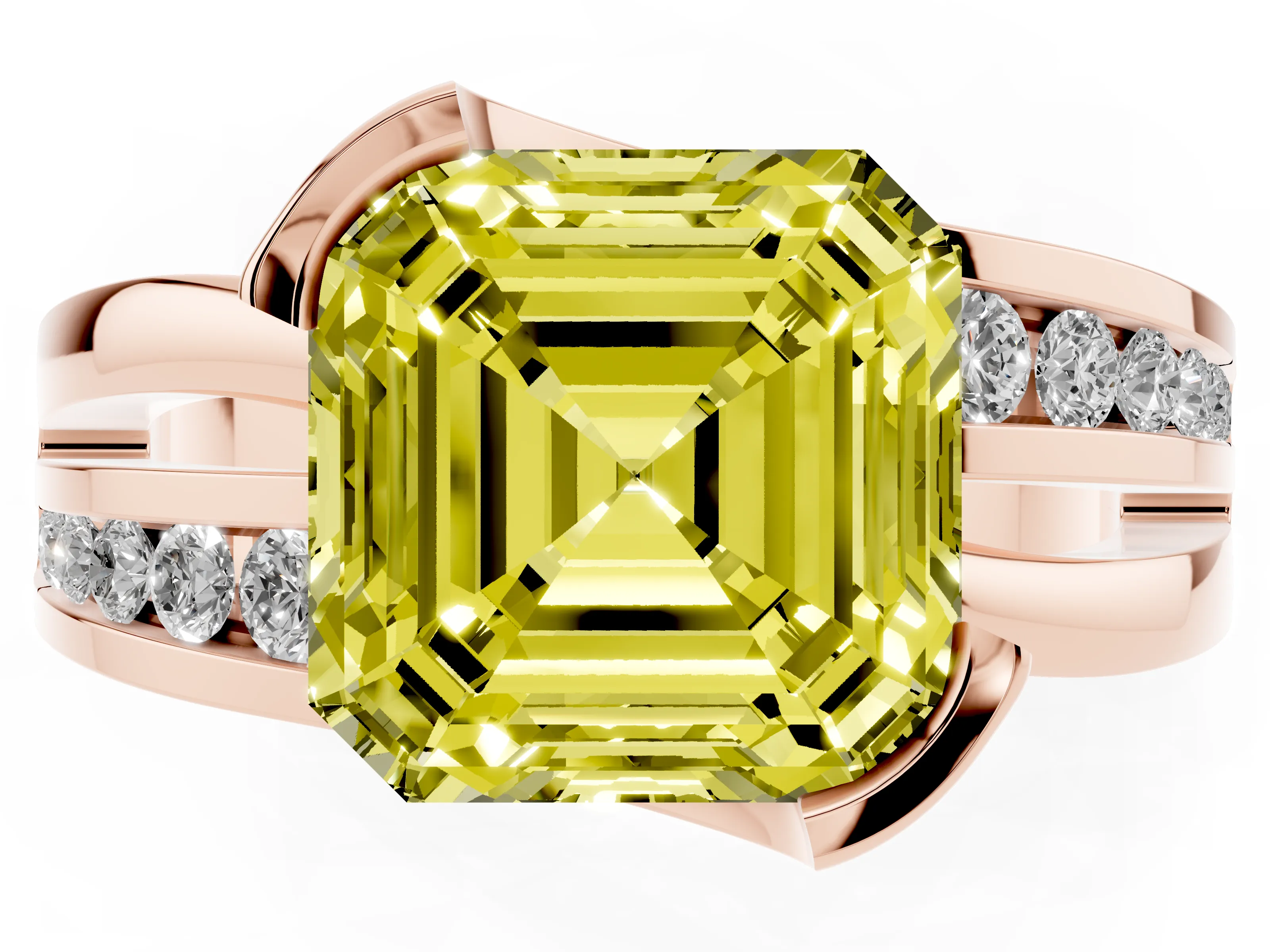 Fancy Yellow Asscher Cut Diamond Solitaire Ring Set in Rose gold with Channel Set Split Shank and Tension Prongs