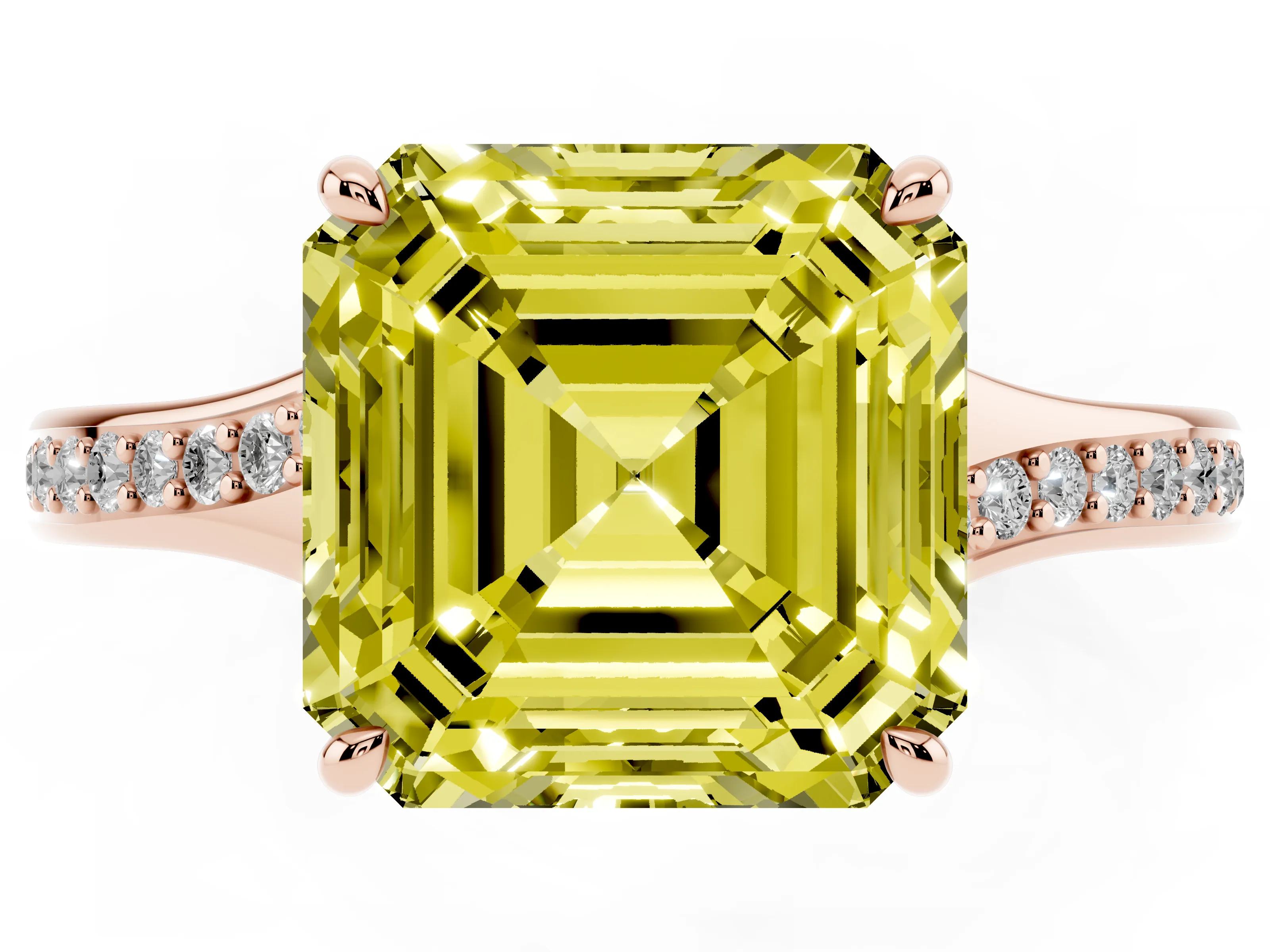 Fancy Yellow Asscher Cut Diamond Solitaire Ring Set in Rose gold with Pavé Accent Band and Classic Prong Setting
