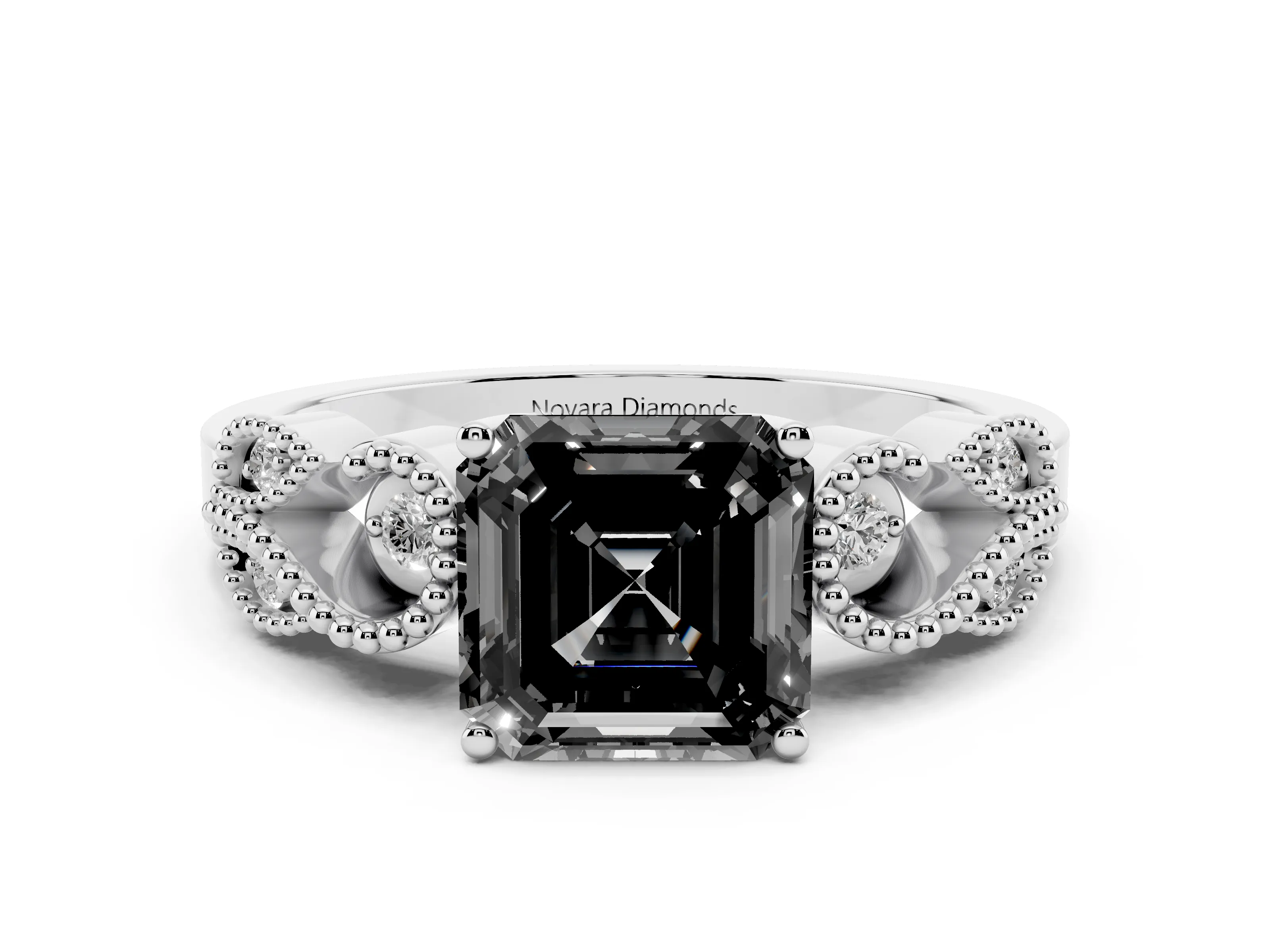 Fancy Black Asscher Cut Diamond Milgrain Leaf Band Solitaire Ring Set in White gold with Accent Stones and Prong Setting