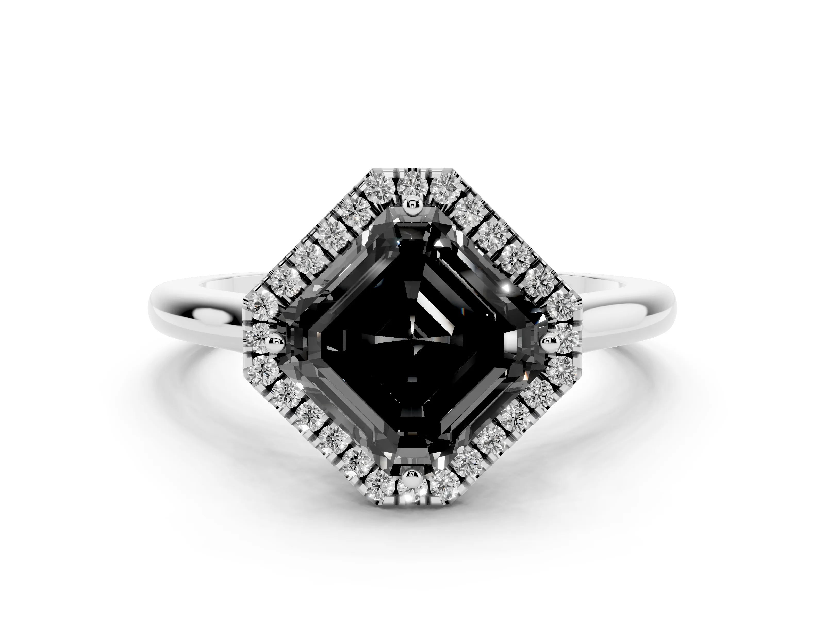 Fancy Black Asscher Cut Diamond Halo Engagement Ring Set in White gold with Pavé Band and Rising Shoulders