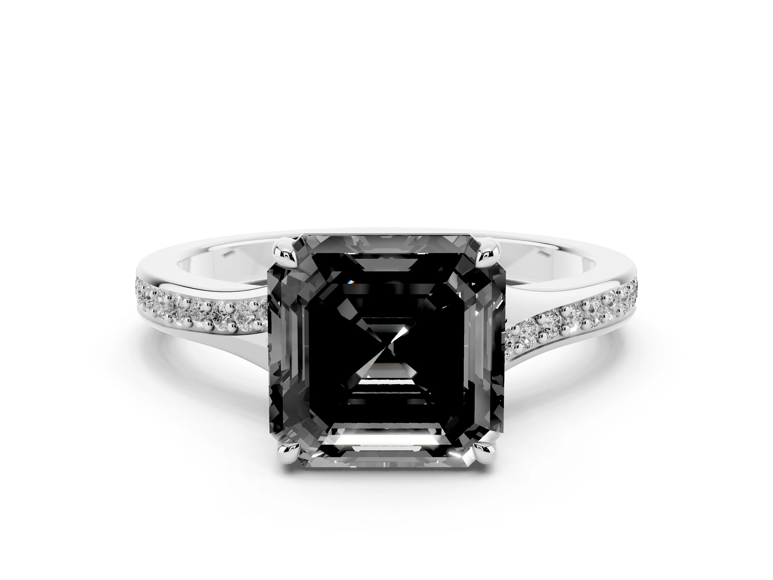 Fancy Black Asscher Cut Diamond Solitaire Ring Set in Platinum with Pavé Accent Band and Classic Prong Setting