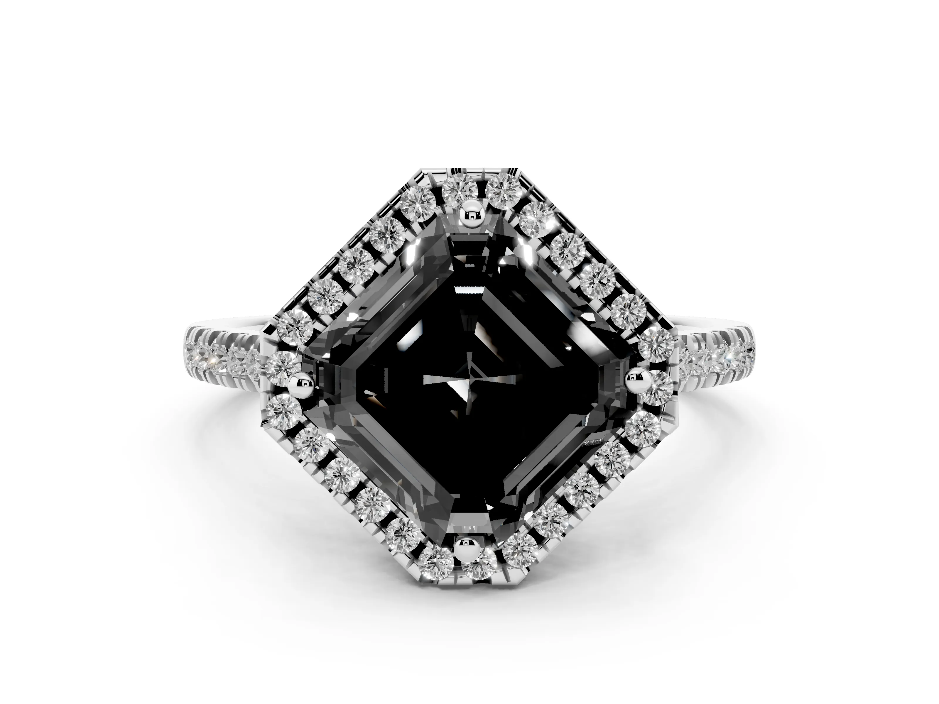 Fancy Black Asscher Cut Diamond Cushion Halo Ring Set in White gold with Pavé Band