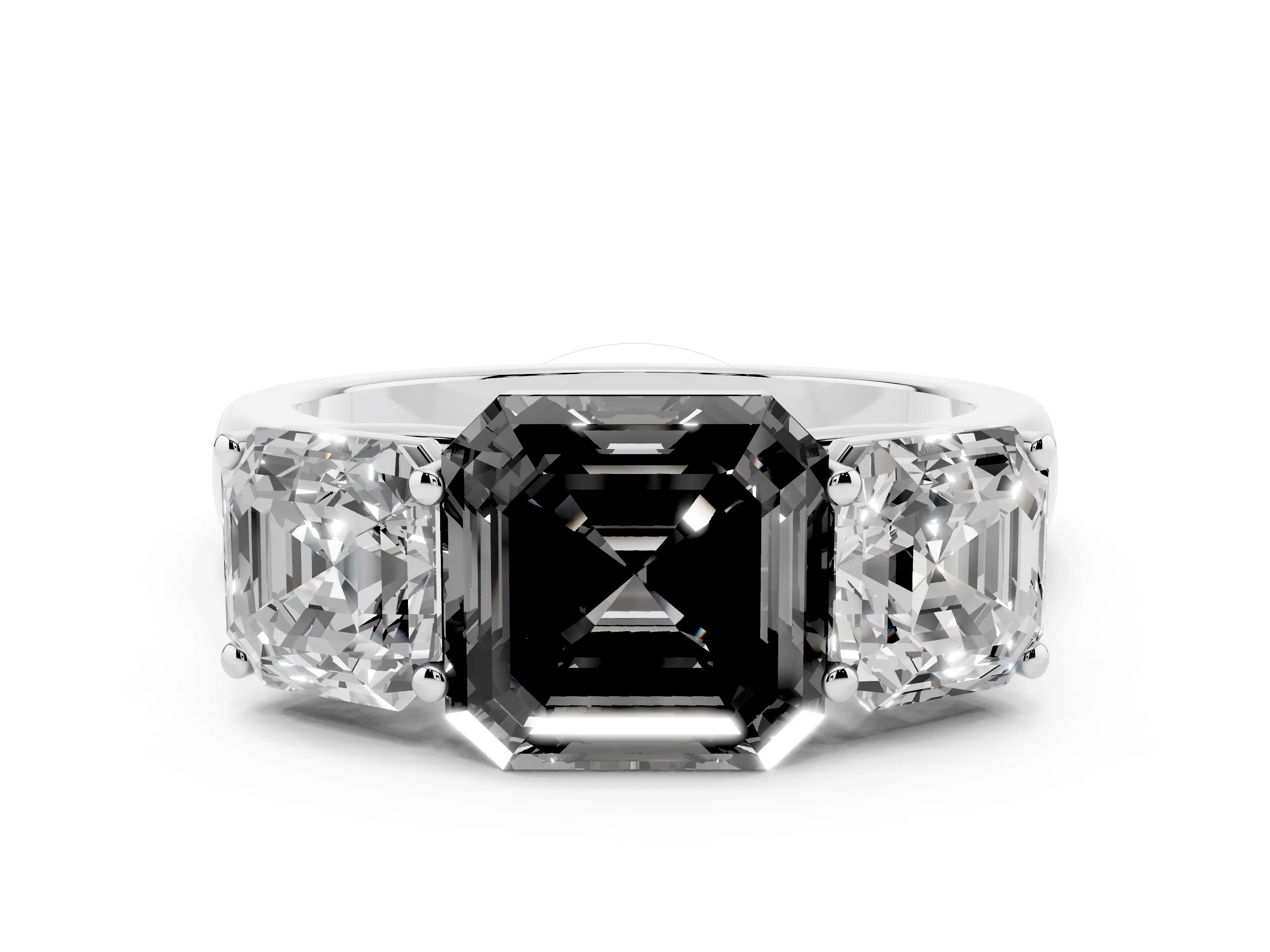 Fancy Black Asscher Cut Diamond Three-Stone Ring Set in White gold with Plain Polished Band