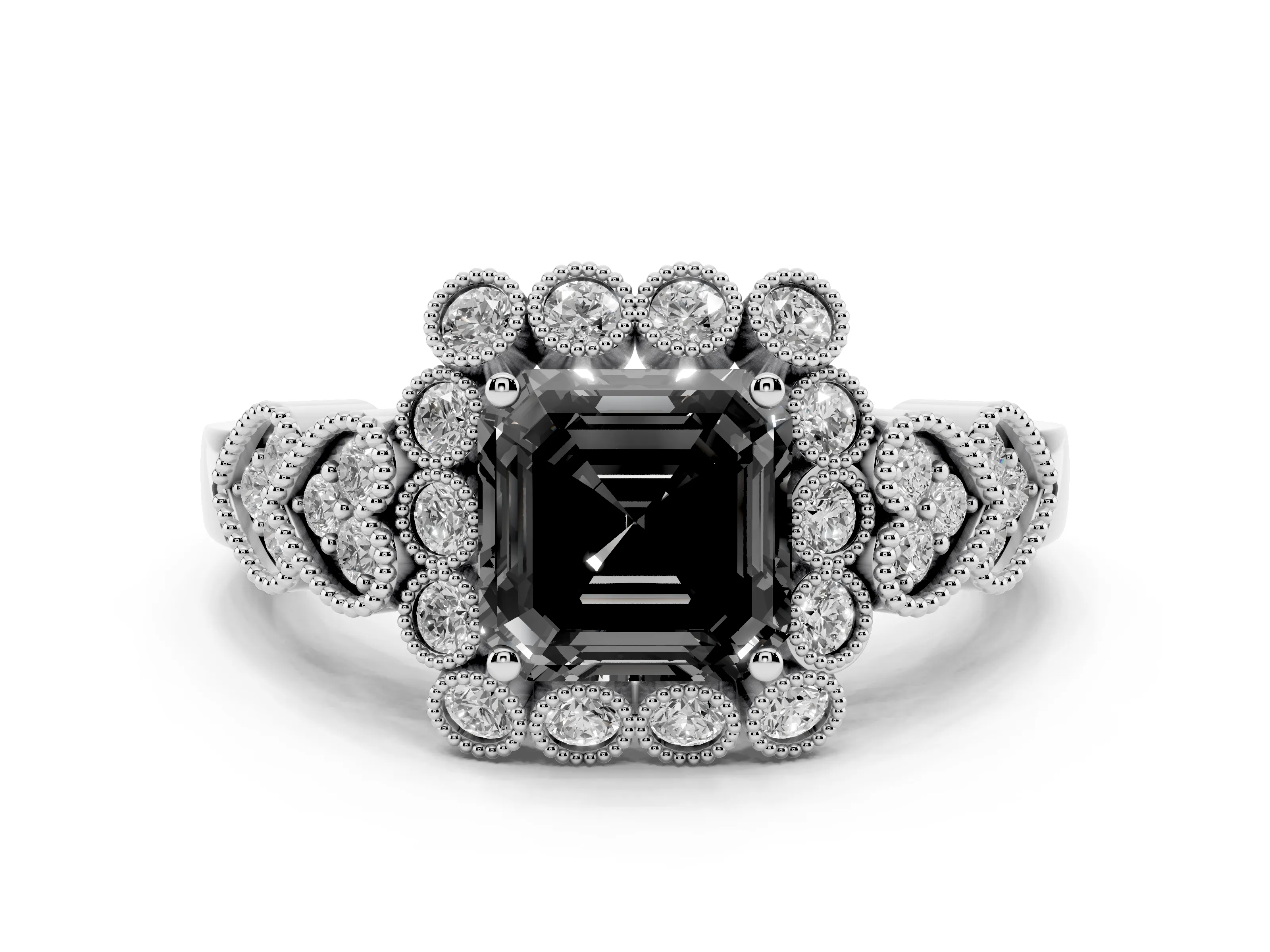 Fancy Black Asscher Cut Diamond Solitaire Ring Set in White gold with Milgrain Pavé Heart Band