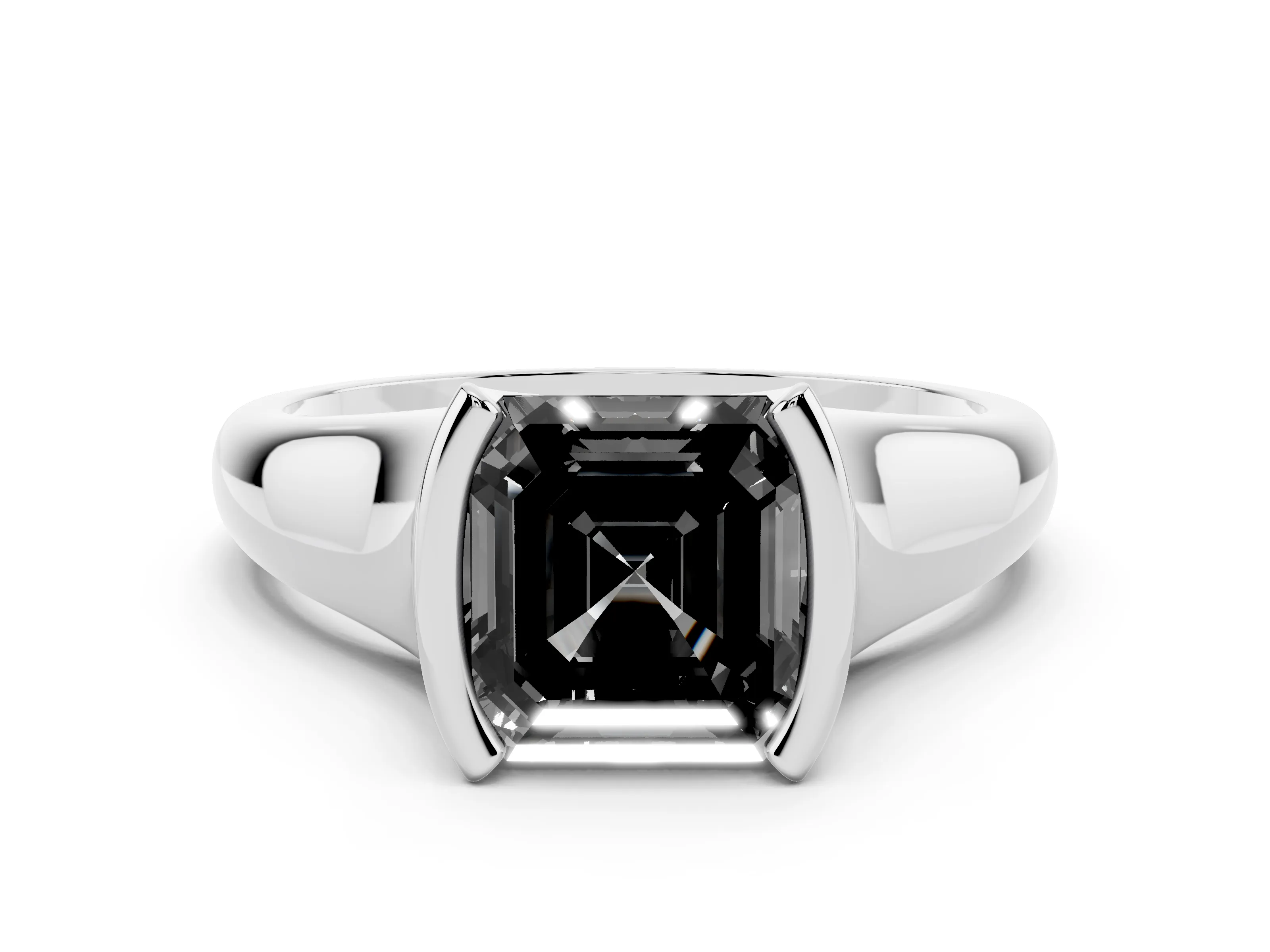 Fancy Black Asscher Cut Diamond Solitaire Tension Set Ring Set in White gold with Split Shank Band