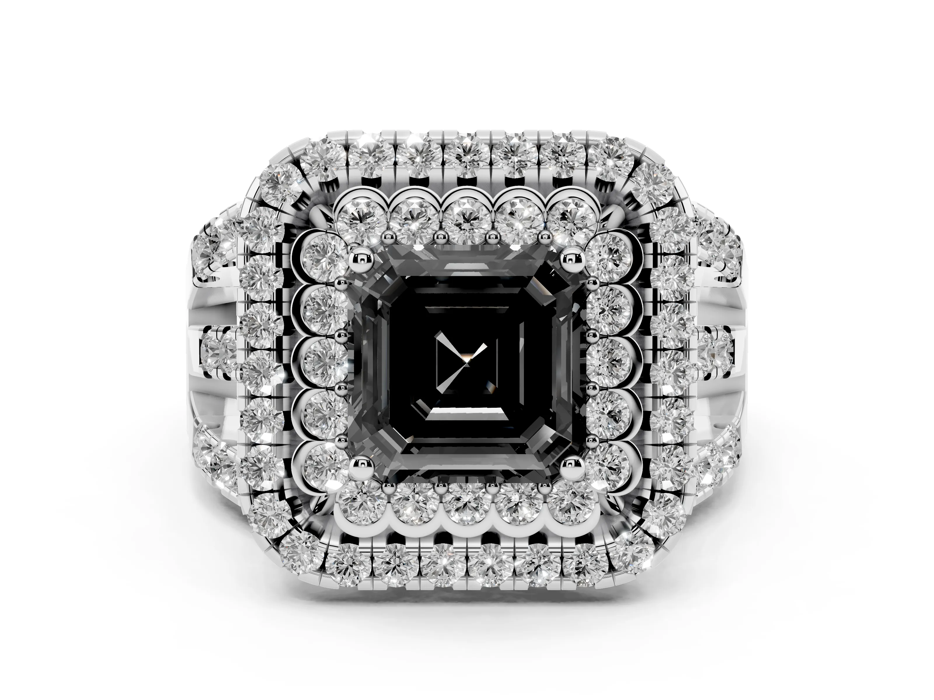 Fancy Black Asscher Cut Diamond Double Halo Ring Set in White gold with Round Pavé Split Shank