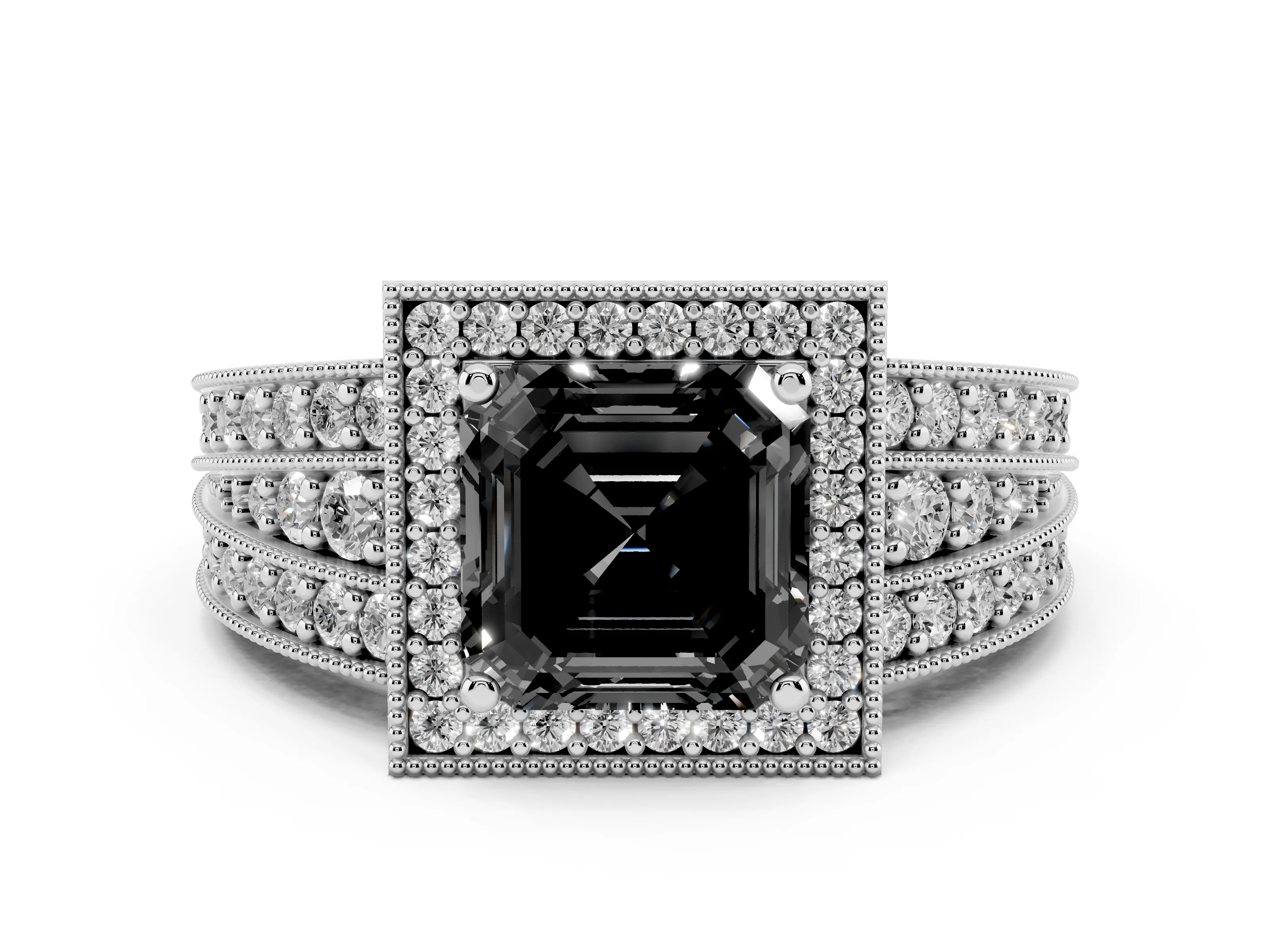 Fancy Black Asscher Cut Diamond Halo Ring Set in Platinum with Accent Split Shank and Prong Setting