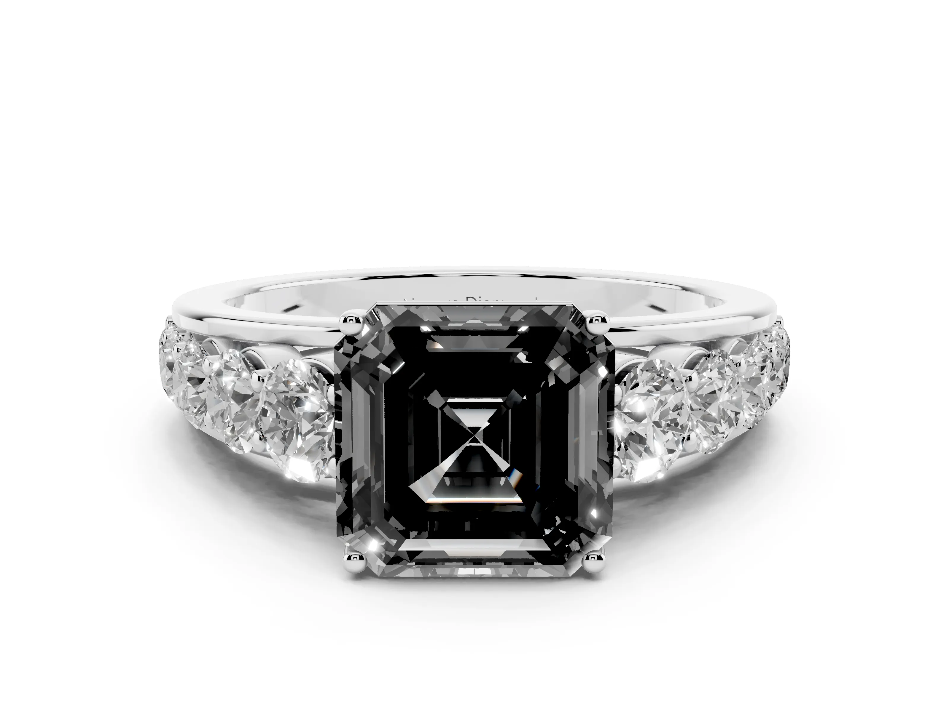 Fancy Black Asscher Cut Diamond Solitaire Ring Set in White gold with Pavé-Set Band and Prong Setting