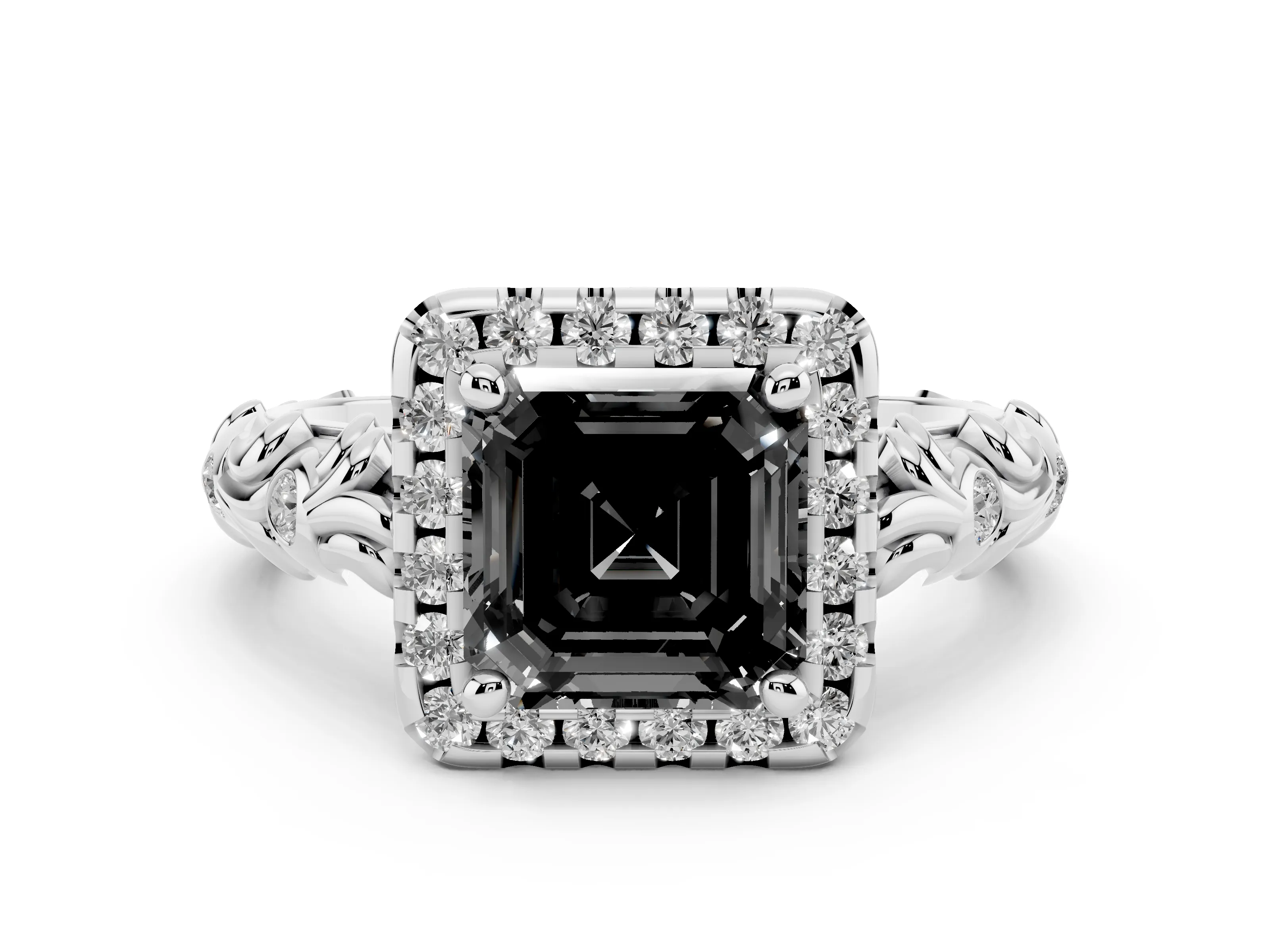 Fancy Black Asscher Cut Diamond Halo Ring Set in Platinum with Filigree Leaf Band and Prong Setting