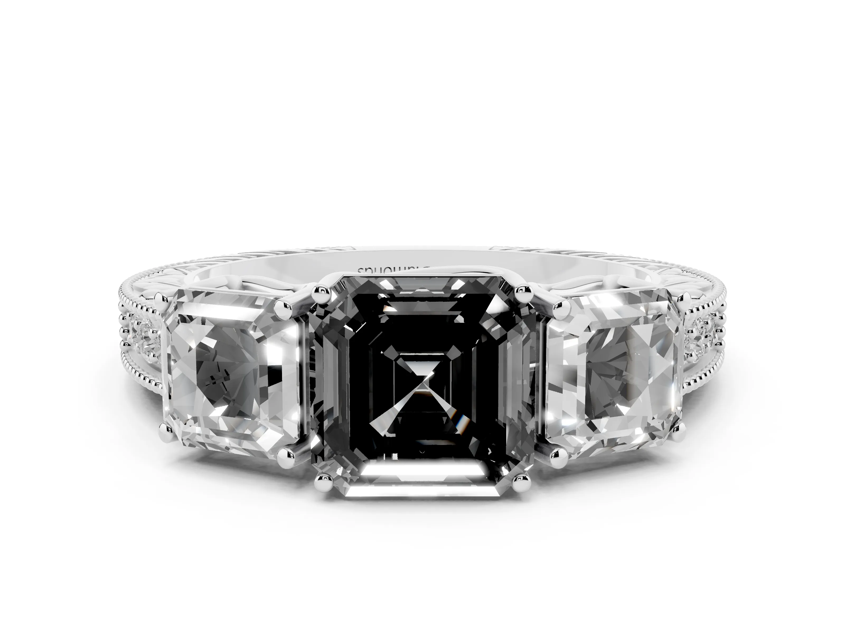 Fancy Black Asscher Cut Diamond Three-Stone Engagement Ring Set in Silver with Milgrain Pavé Band