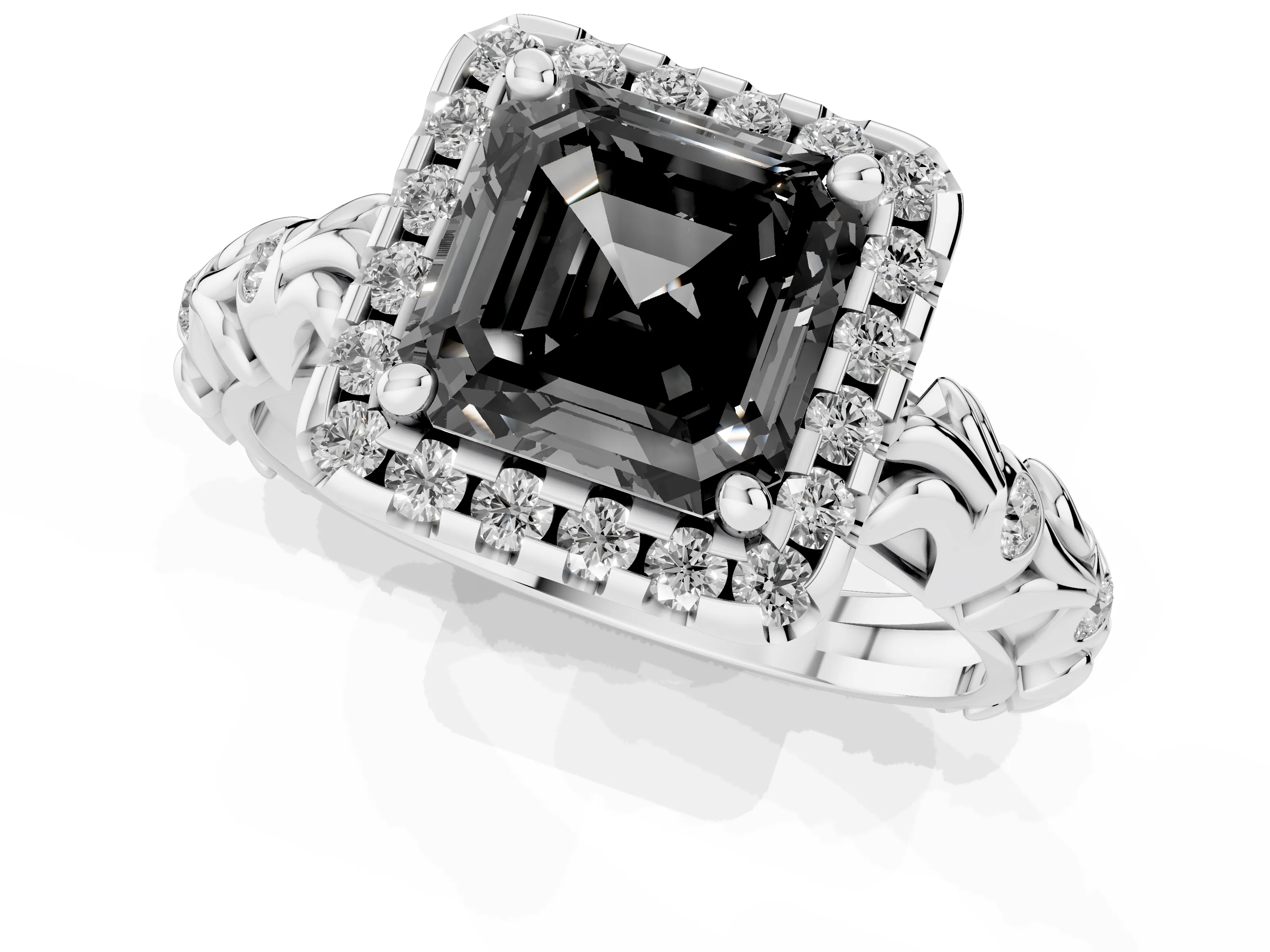 Fancy Black Asscher Cut Diamond Halo Ring Set in Silver with Filigree Leaf Band and Prong Setting
