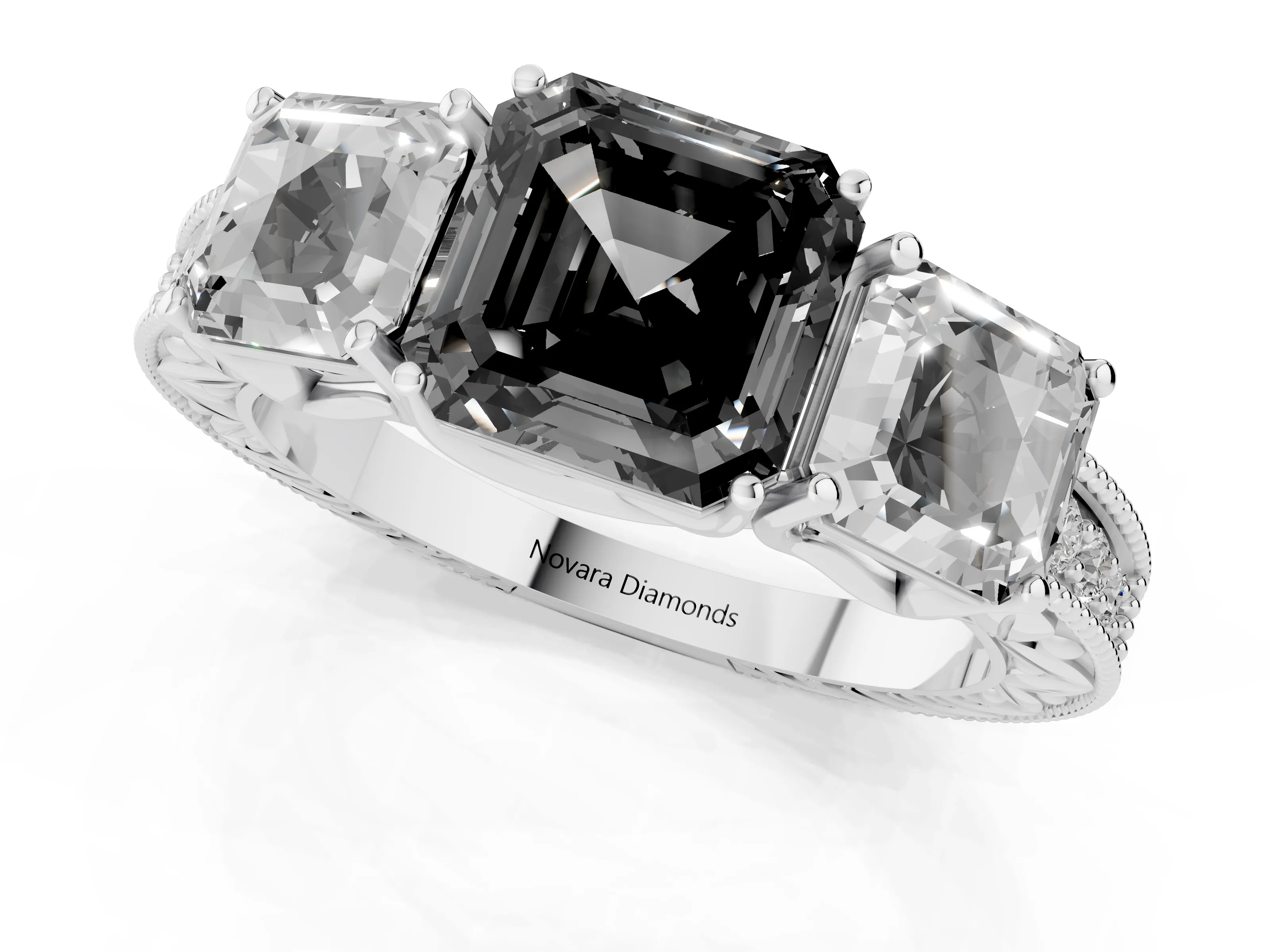 Fancy Black Asscher Cut Diamond Three-Stone Engagement Ring Set in Silver with Milgrain Pavé Band