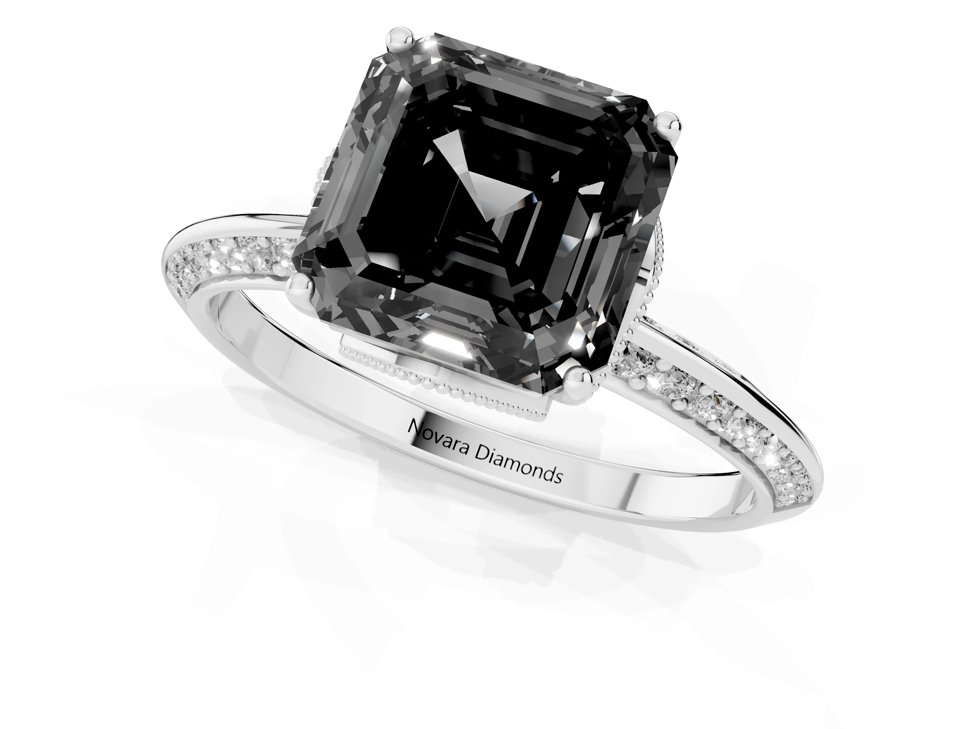 Fancy Black Asscher Cut Diamond Solitaire Engagement Ring Set in White gold with Pavé Split Shank and Prong Setting