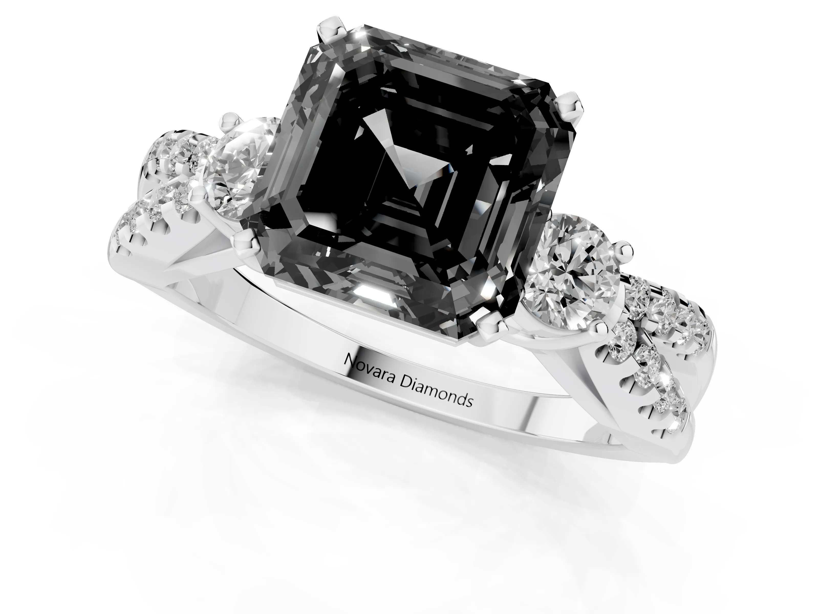 Fancy Black Asscher Cut Diamond Three-Stone Ring Set in Platinum with Pavé Split Shank and Prong Setting