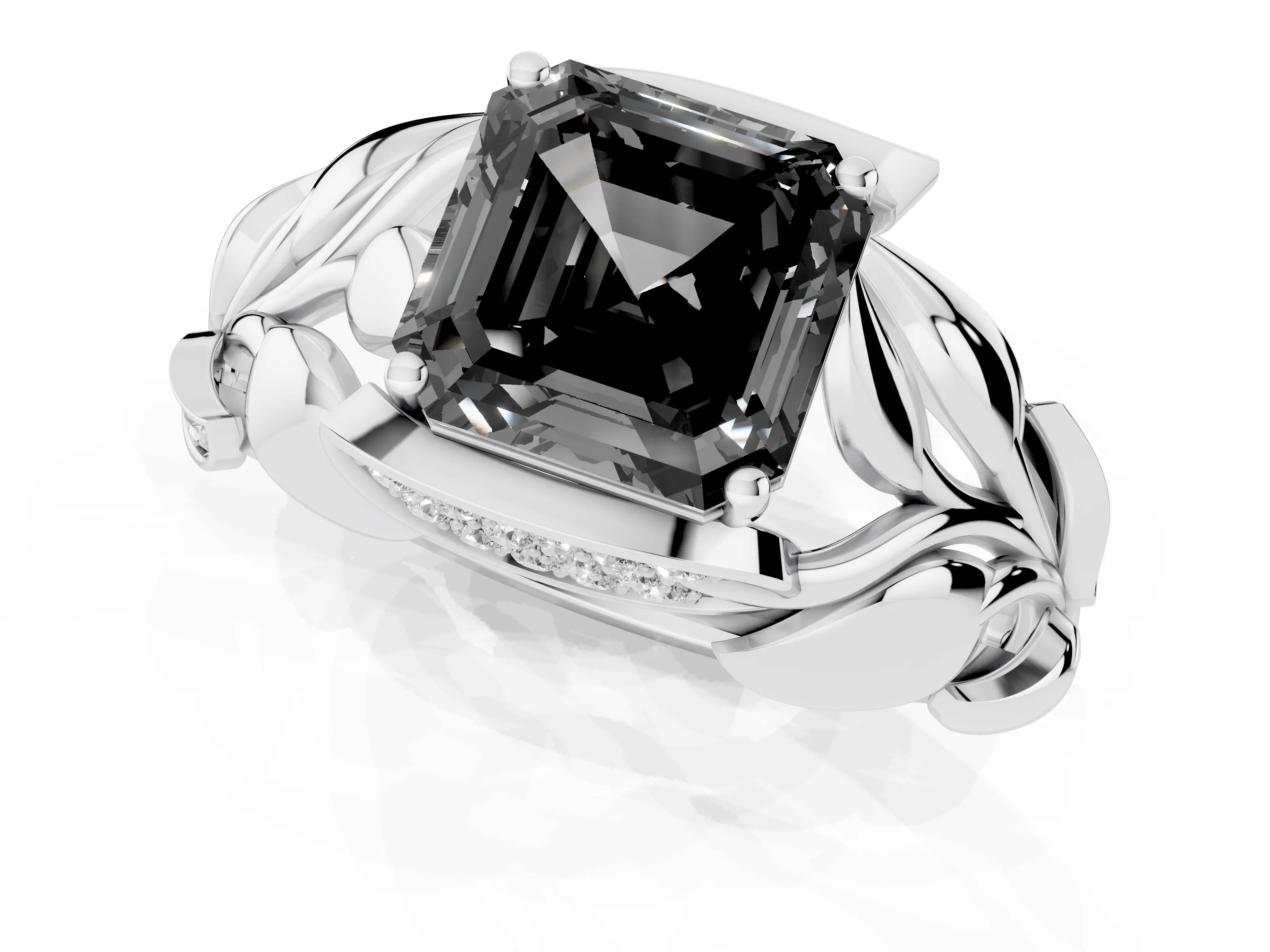 Fancy Black Asscher Cut Diamond Leaf-Inspired Engagement Ring Set in Silver with Round Accents