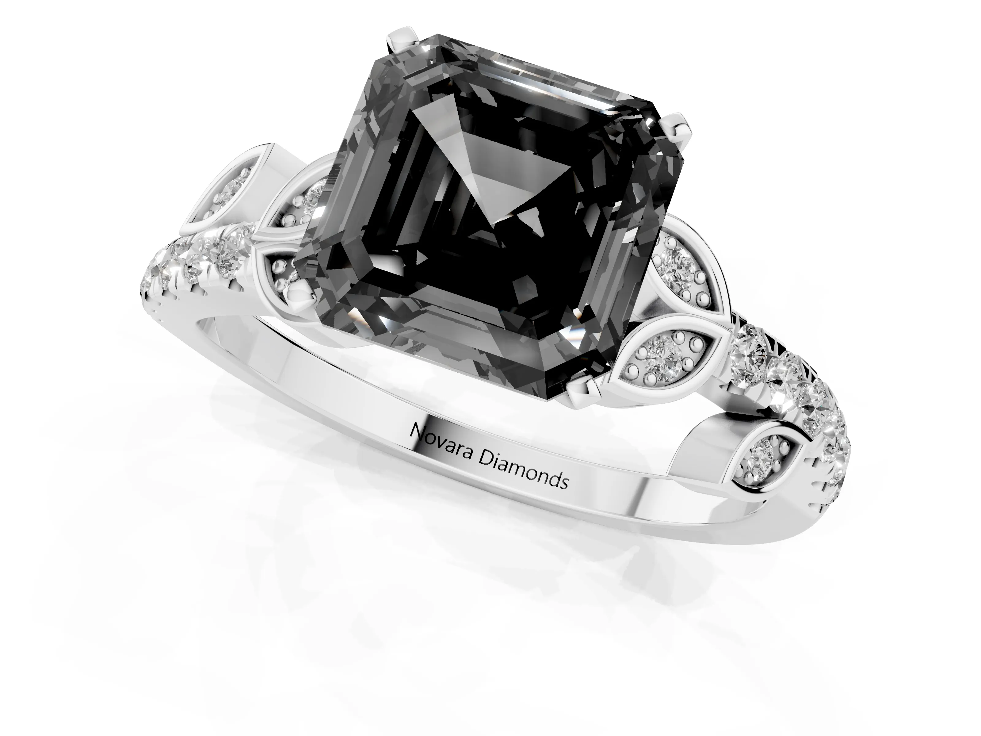 Fancy Black Asscher Cut Diamond Solitaire Leaf-Inspired Ring Set in White gold with Pavé Band and Prong Setting