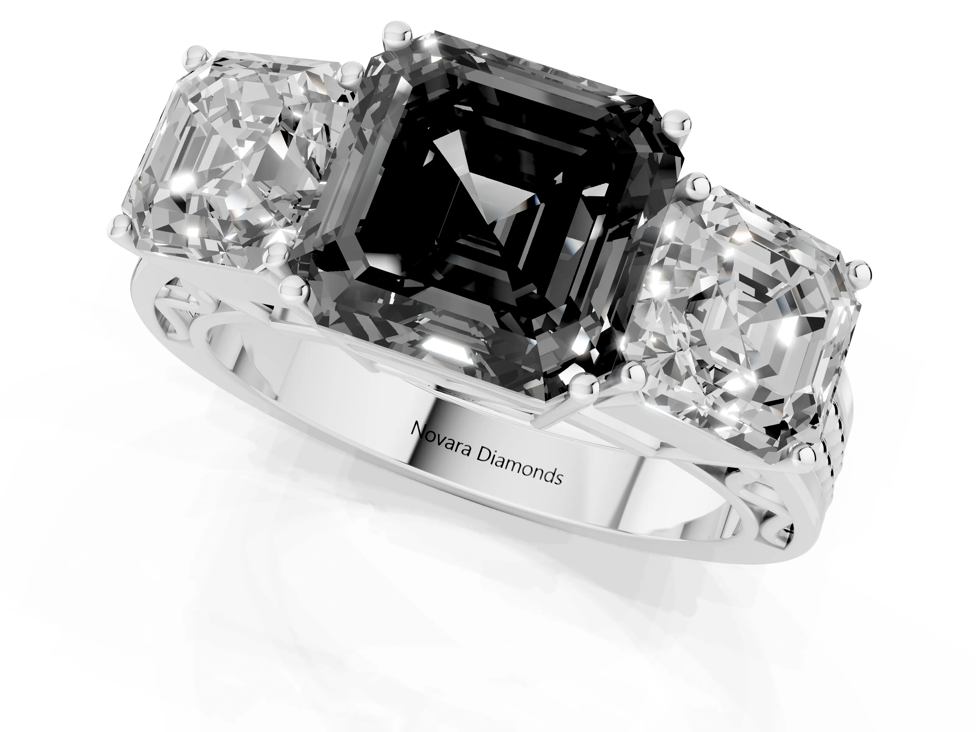 Fancy Black Asscher Cut Diamond Three-Stone Ring Set in White gold with Textured Band
