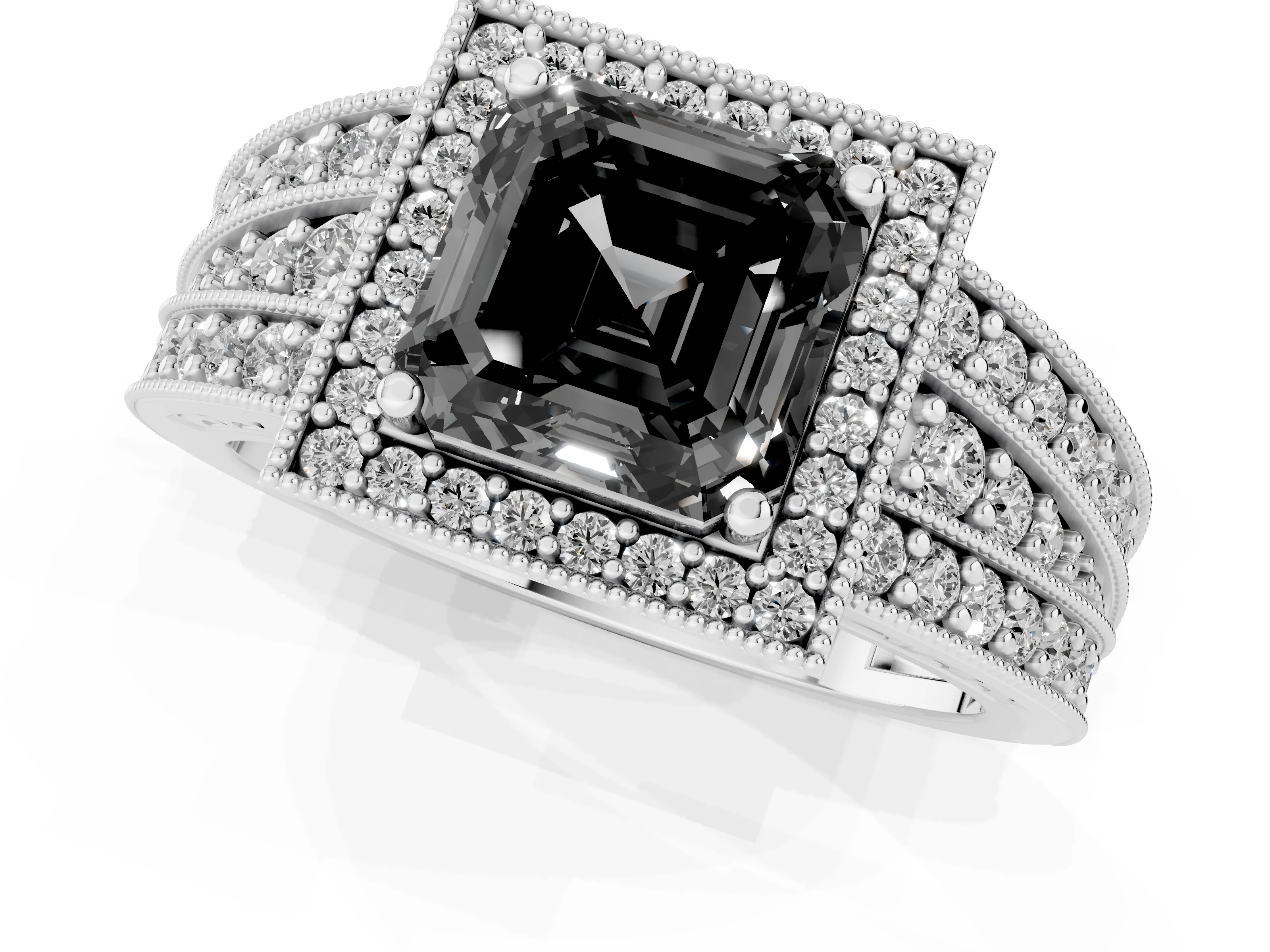 Fancy Black Asscher Cut Diamond Halo Ring Set in Platinum with Accent Split Shank and Prong Setting