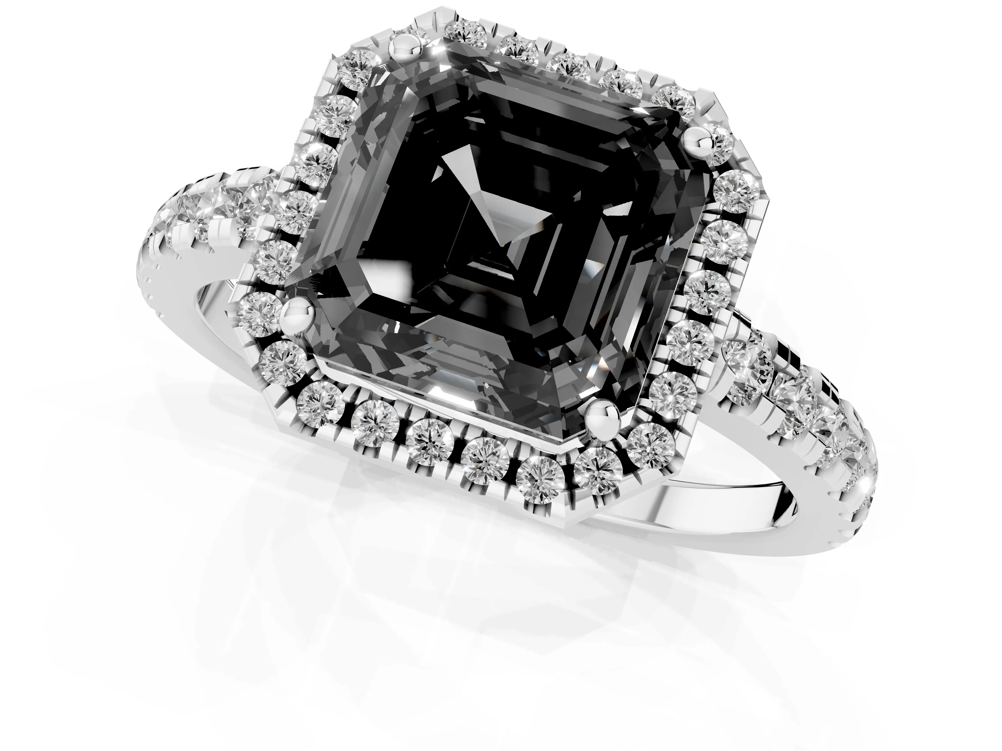 Fancy Black Asscher Cut Diamond Halo Ring Set in Platinum with Delicate Pavé Band and Prong Setting