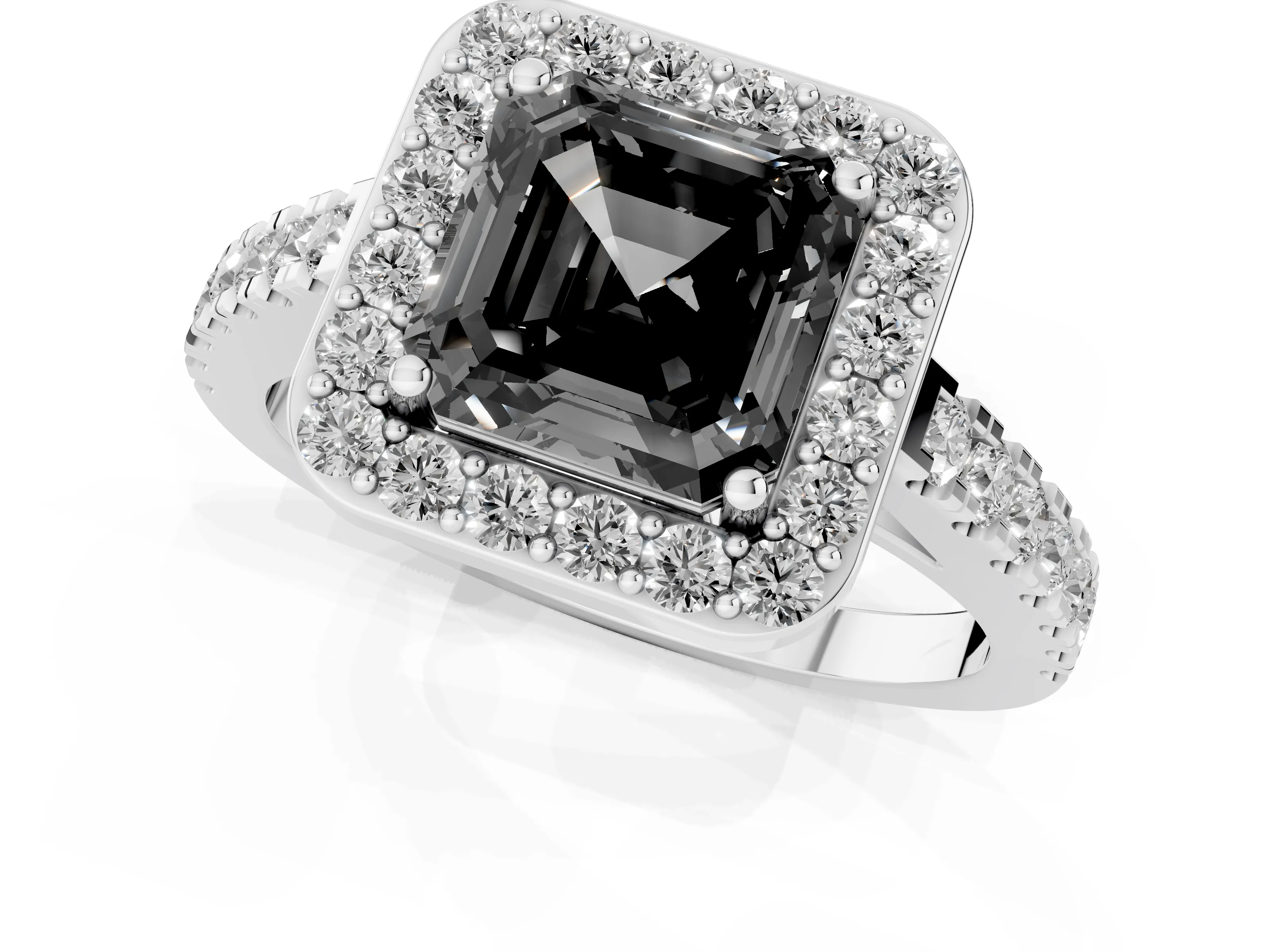 Fancy Black Asscher Cut Diamond Halo Ring Set in Silver with Round Pavé Split Shank and Prong Setting