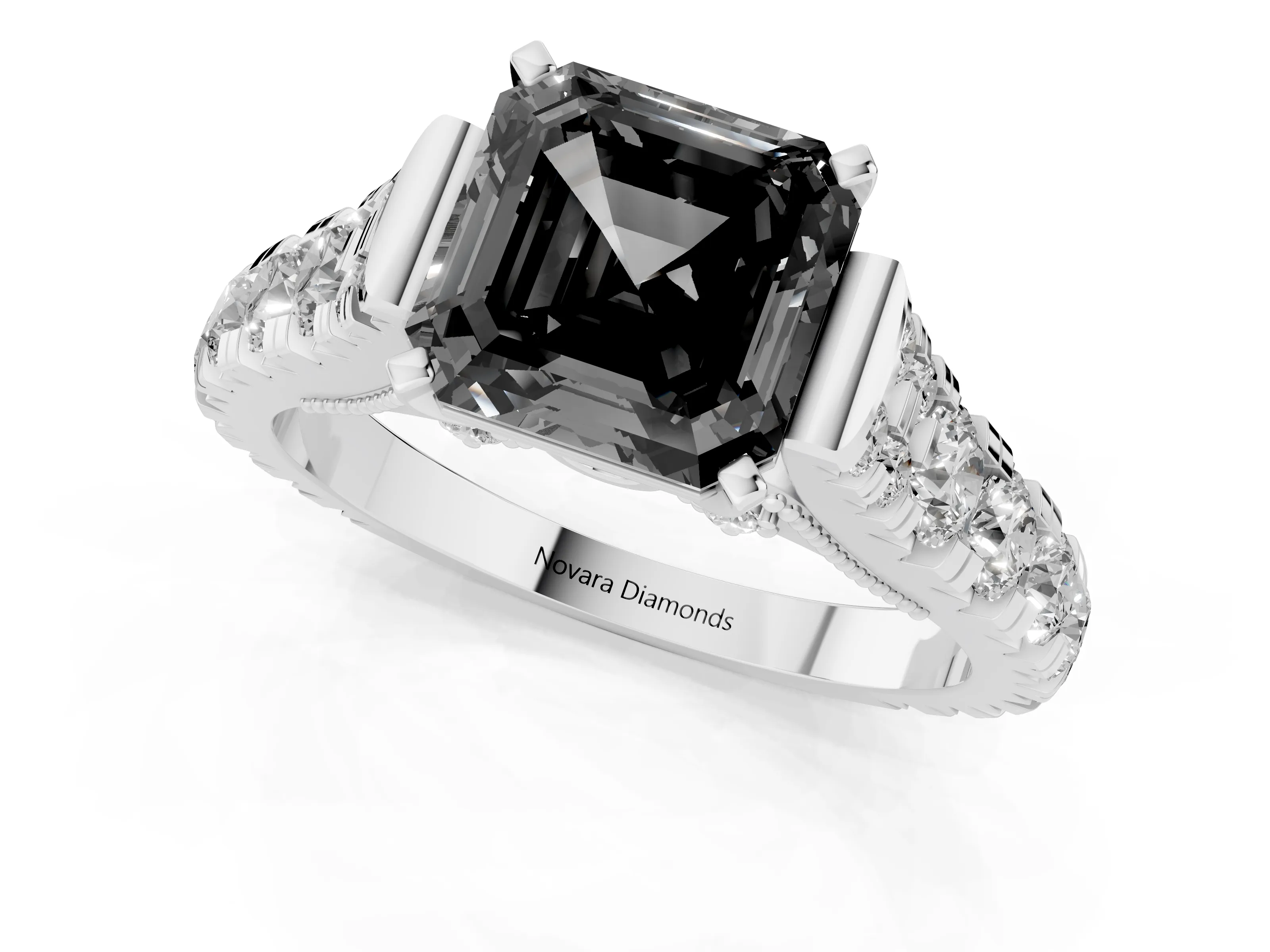Fancy Black Asscher Cut Diamond Classic Solitaire Ring Set in Platinum with Pavé Band and Prong Setting