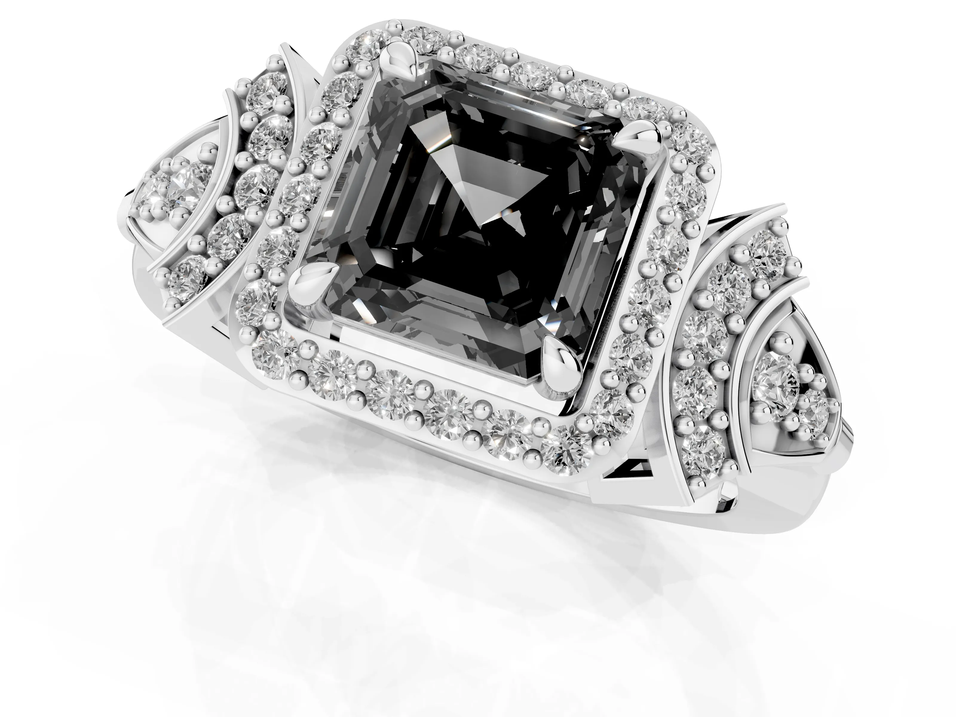 Fancy Black Asscher Cut Diamond Halo Engagement Ring Set in White gold with Accent Stone Split Shank