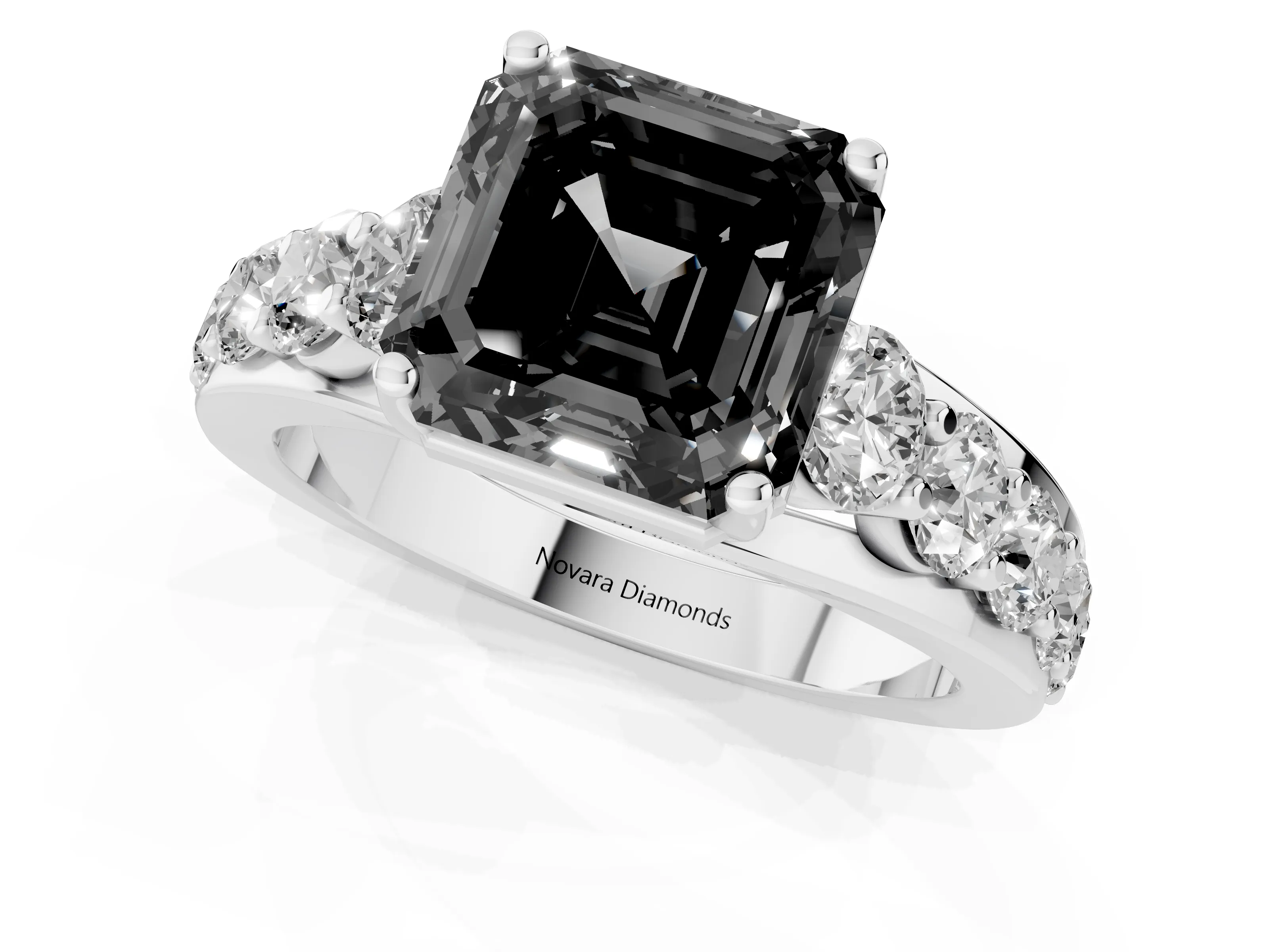 Fancy Black Asscher Cut Diamond Pavé Engagement Ring Set in Silver with Prong Setting