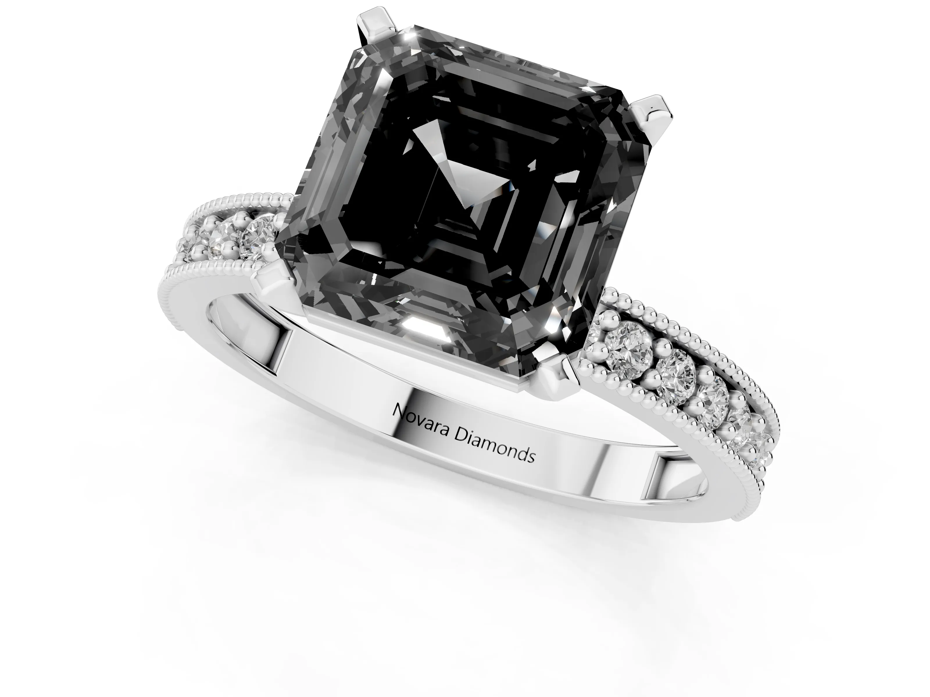 Fancy Black Asscher Cut Diamond Milgrain Pavé Engagement Ring Set in Platinum with Prong Setting