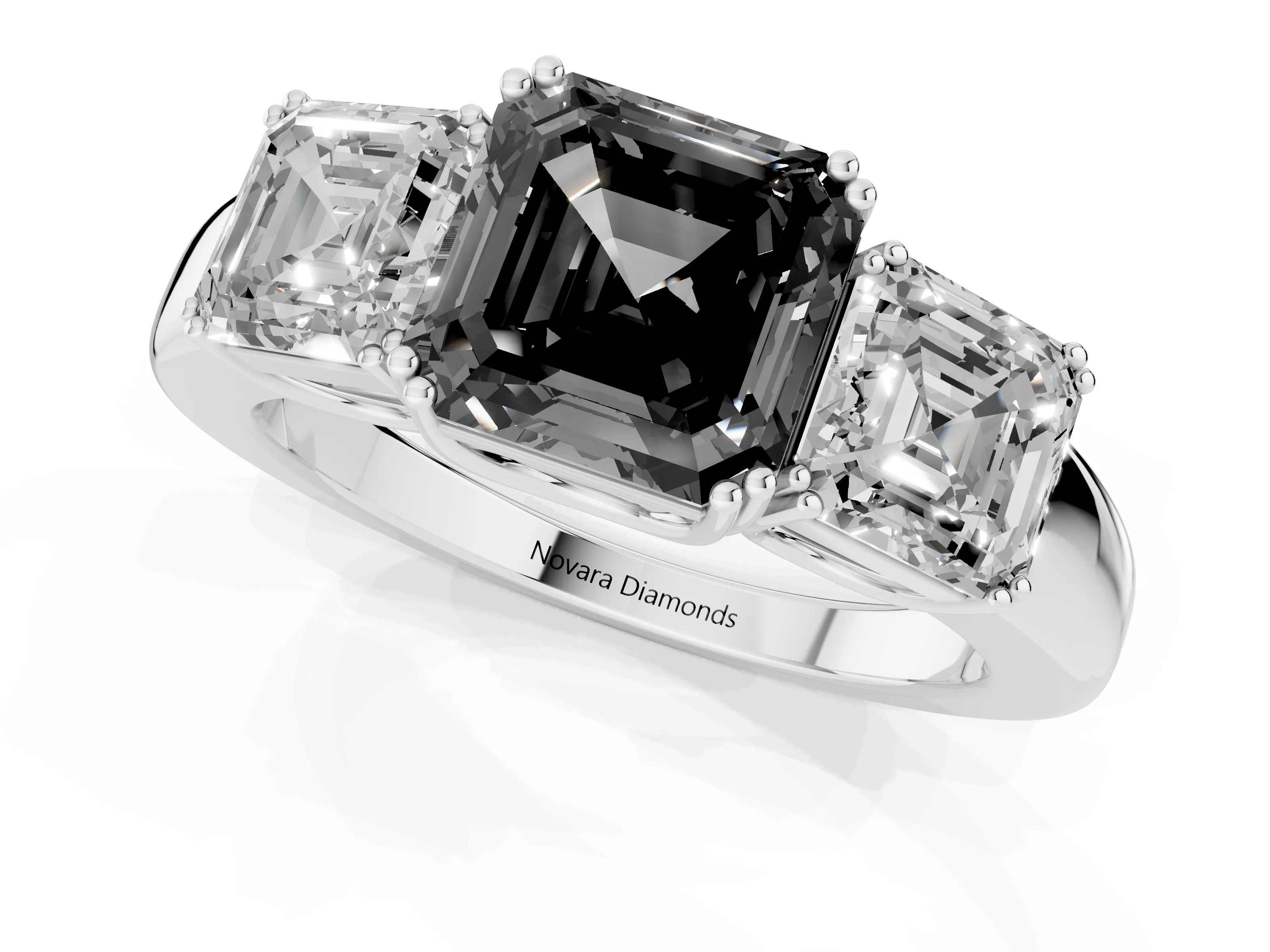 Fancy Black Asscher Cut Diamond Three-Stone Ring Set in Silver with Polished Band and Prong Setting