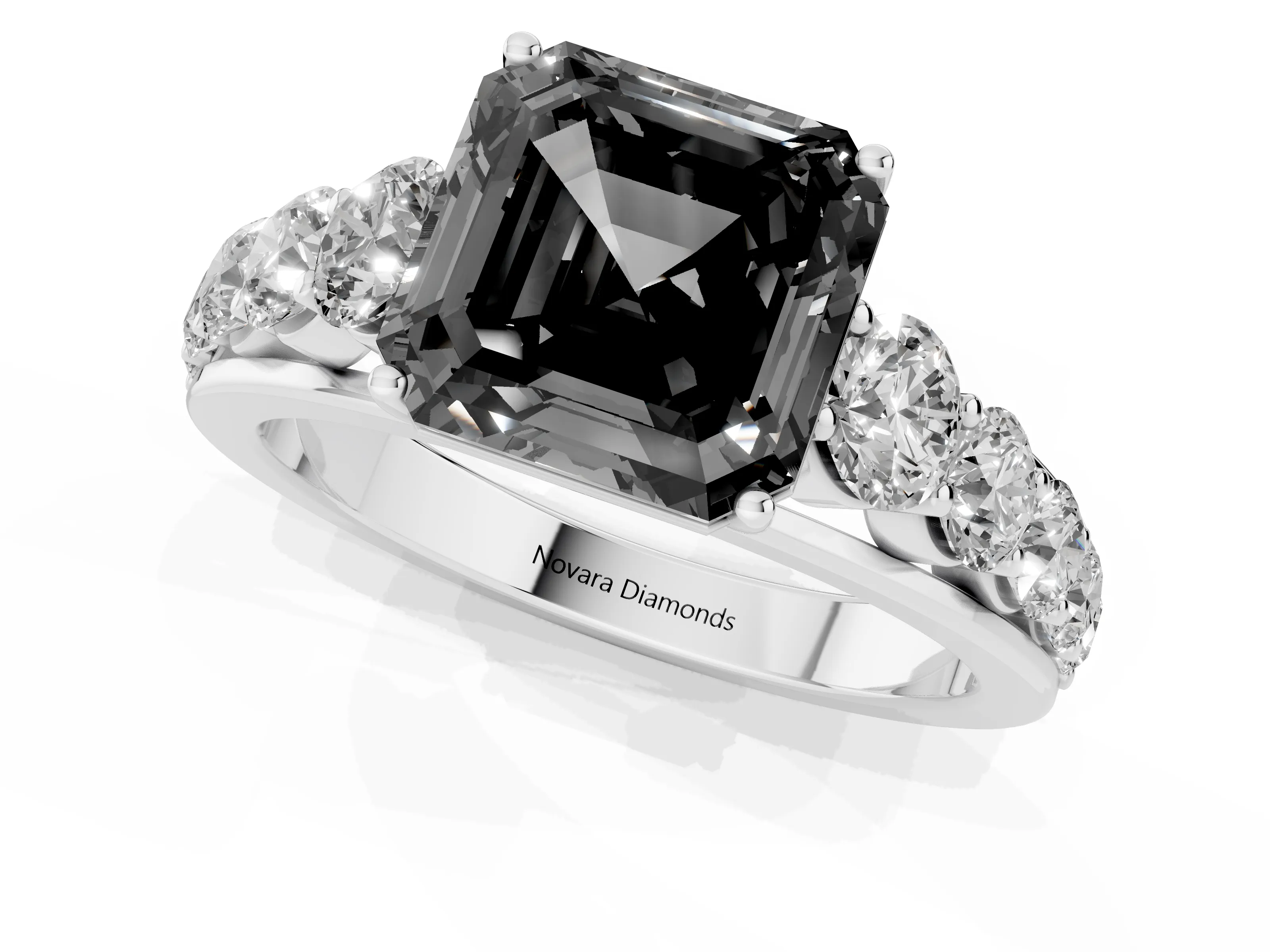 Fancy Black Asscher Cut Diamond Solitaire Ring Set in White gold with Pavé-Set Band and Prong Setting