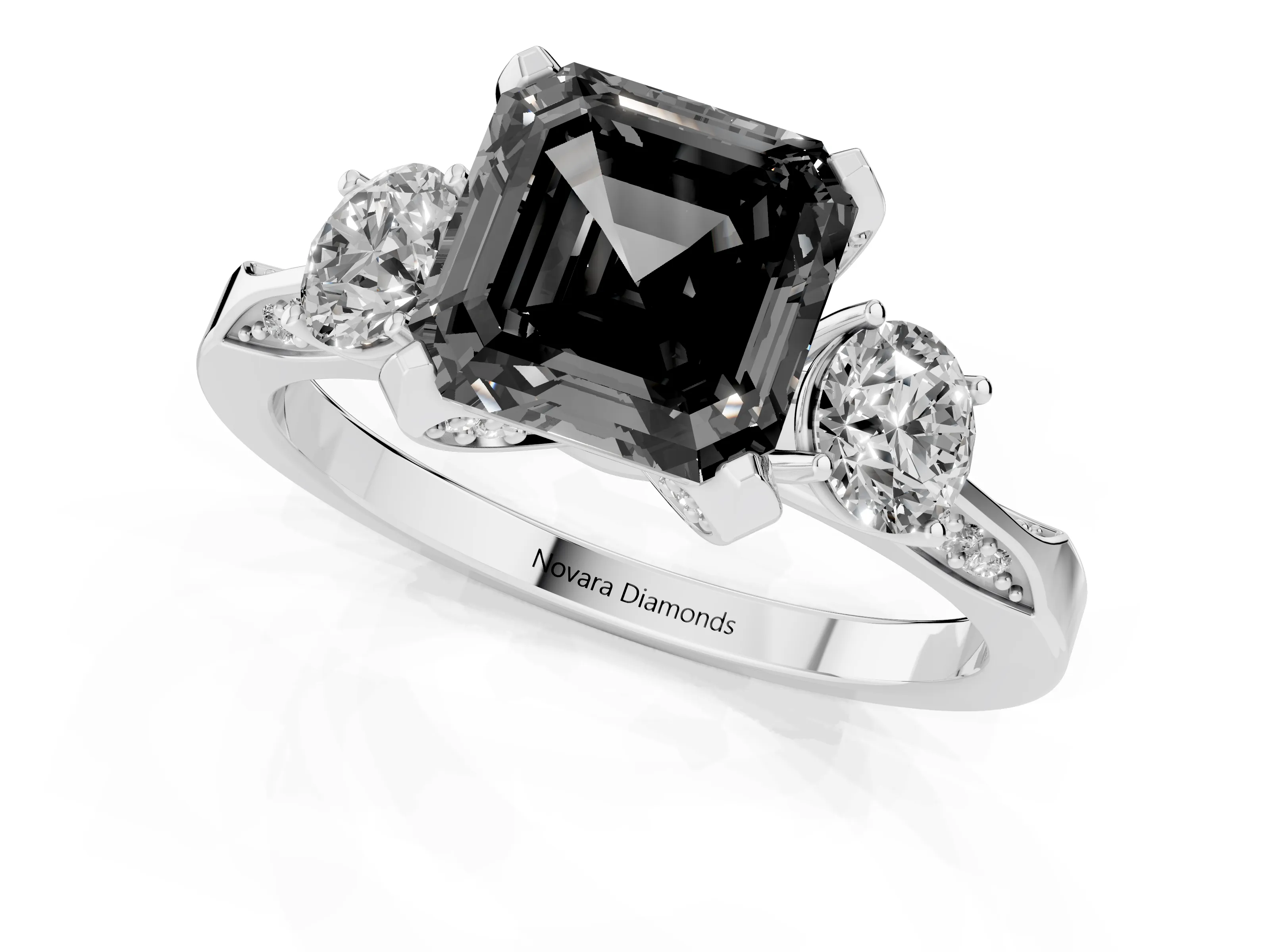 Fancy Black Asscher Cut Diamond Three-Stone Ring Set in Silver with Pavé Band and Smaller Side Stones