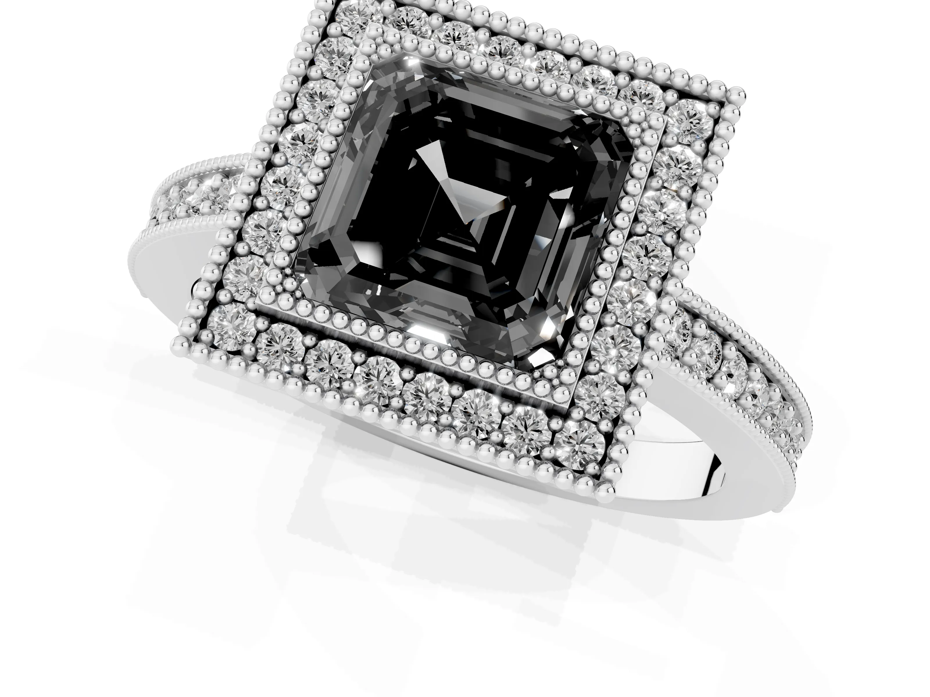 Fancy Black Asscher Cut Diamond Halo Engagement Ring Set in Platinum with Pavé Band and Round Halo Stones