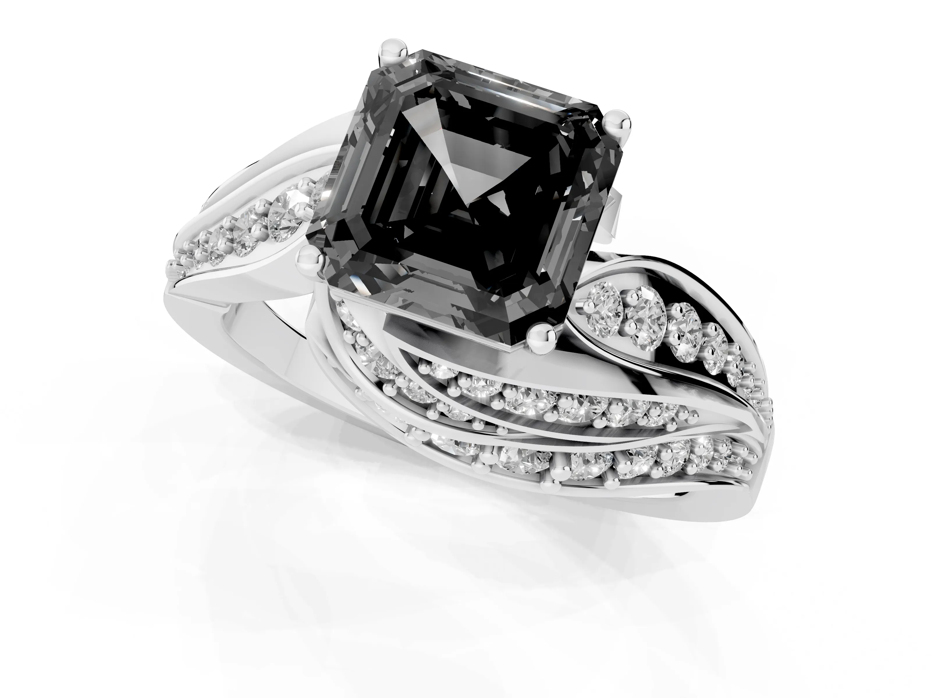 Fancy Black Asscher Cut Diamond Solitaire Ring Set in Silver with Layered Twist Pavé Band