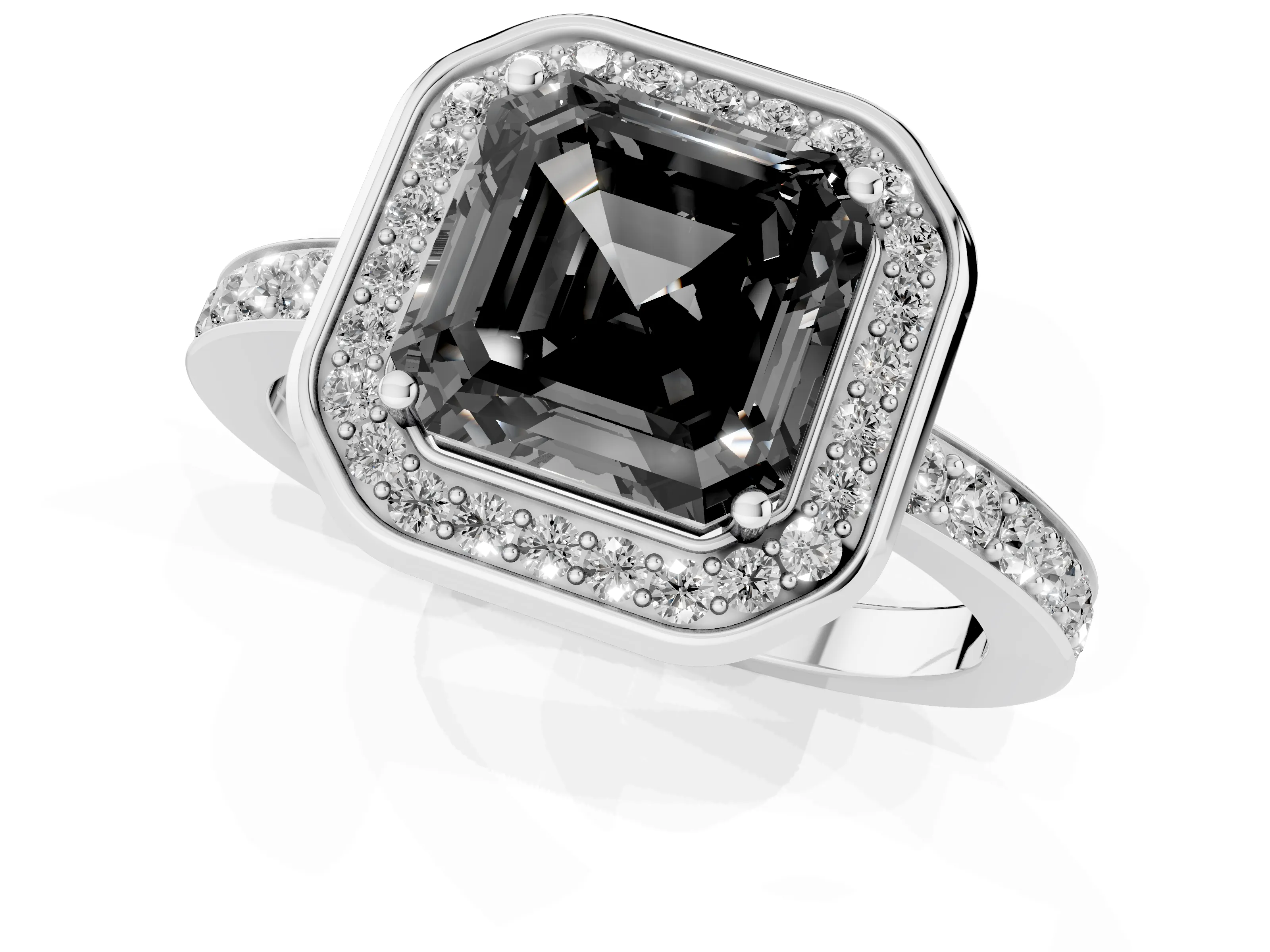 Fancy Black Asscher Cut Diamond Halo Ring Set in Silver with Bezel Frame and Pavé Band