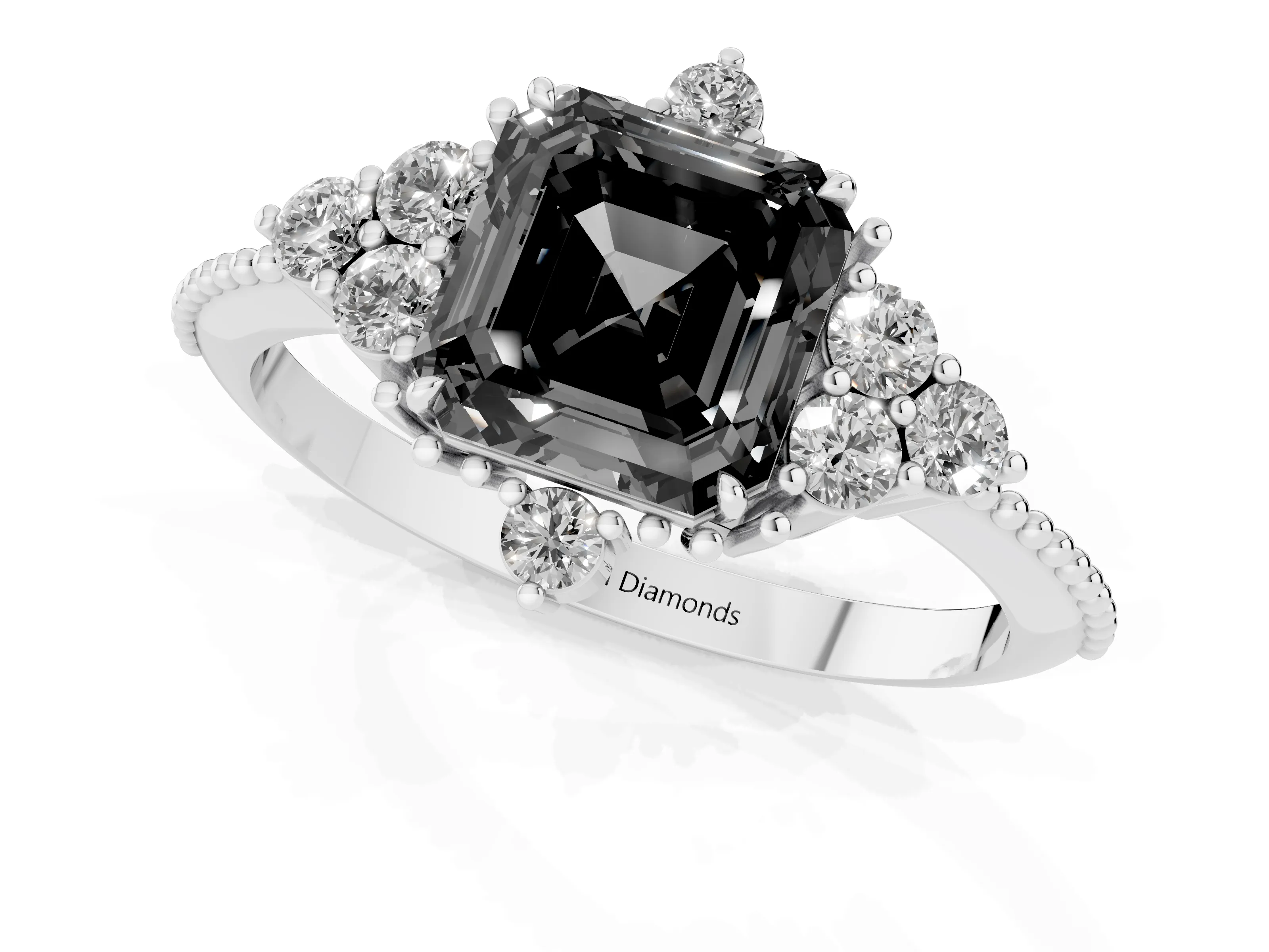 Fancy Black Asscher Cut Diamond Cluster Ring Set in Silver with Beaded Band