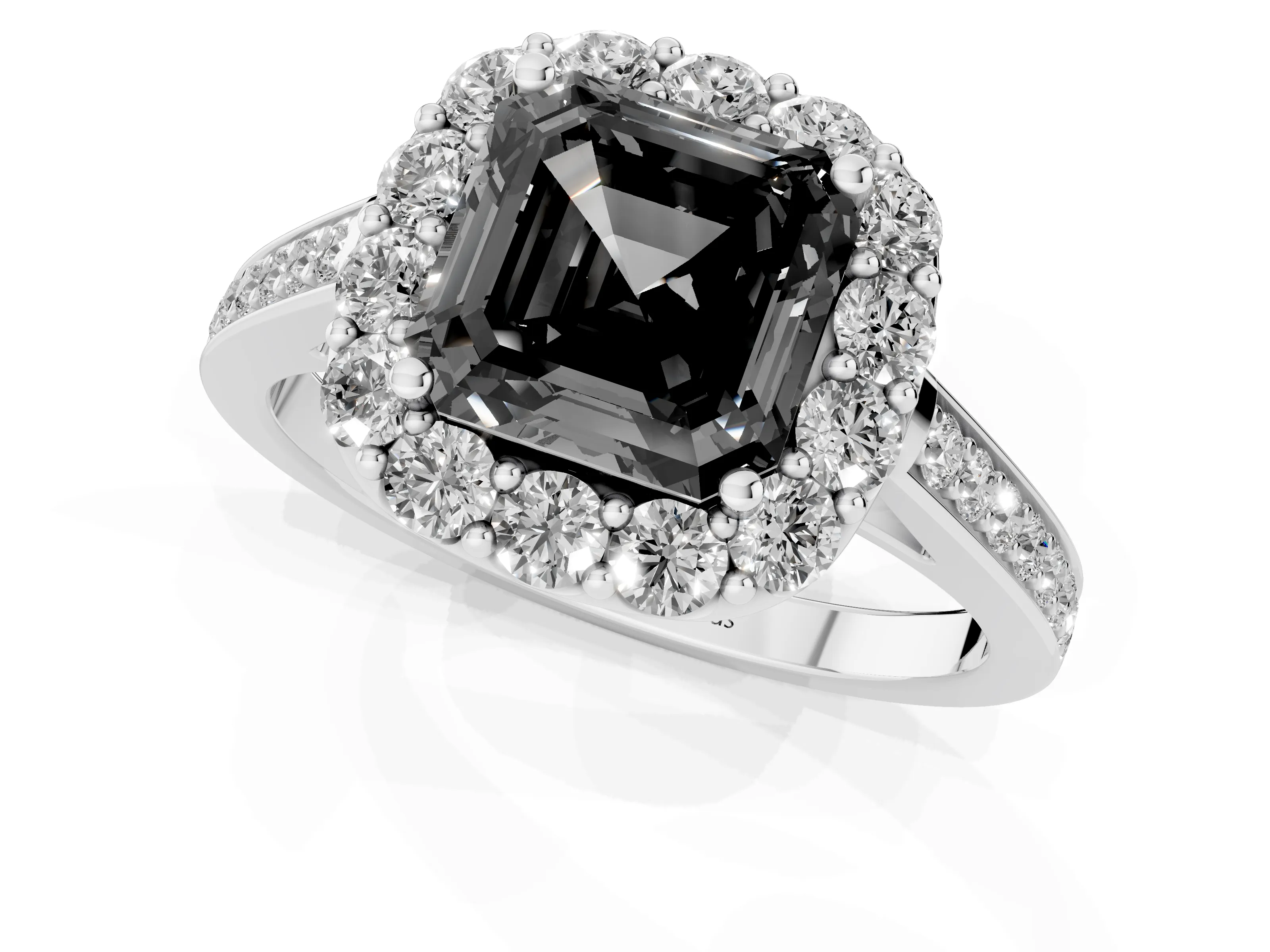 Fancy Black Asscher Cut Diamond Floral Halo Ring Set in Silver with Pavé Band and Prong Setting