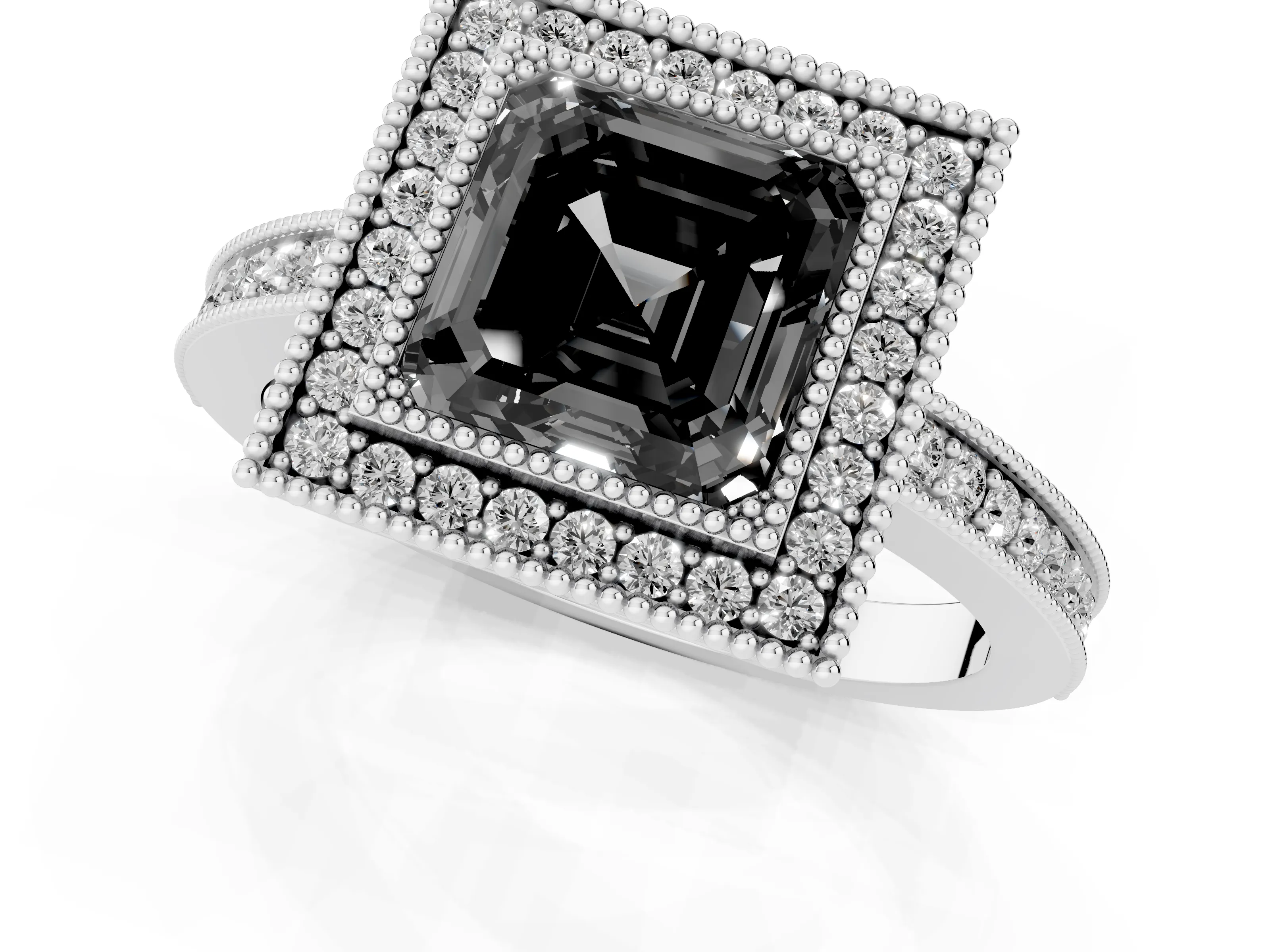 Fancy Black Asscher Cut Diamond Round Halo Ring Set in Silver with Pavé Band