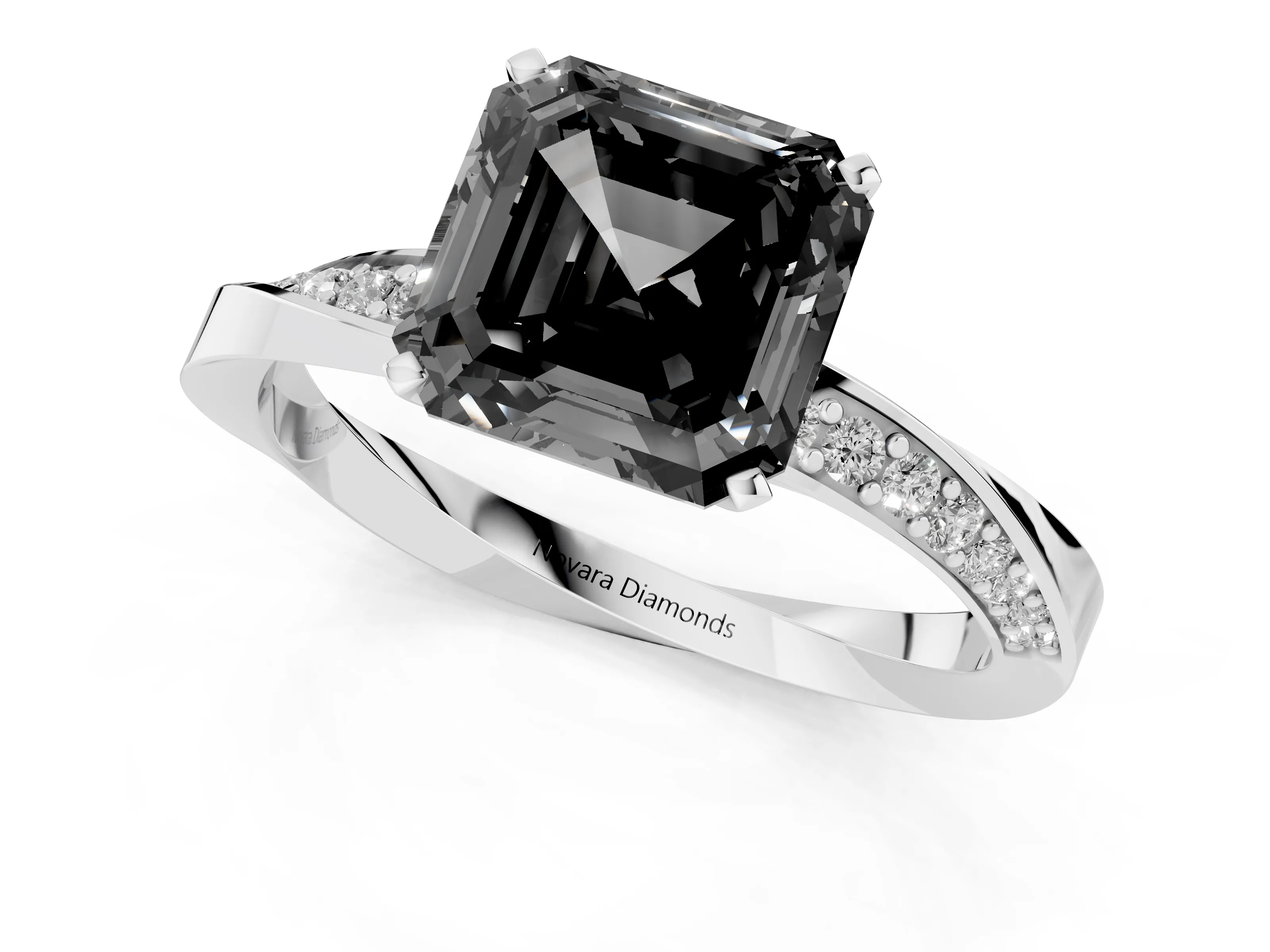 Fancy Black Asscher Cut Diamond Engagement Ring Set in White gold with Side Stone Accents and Prong Setting