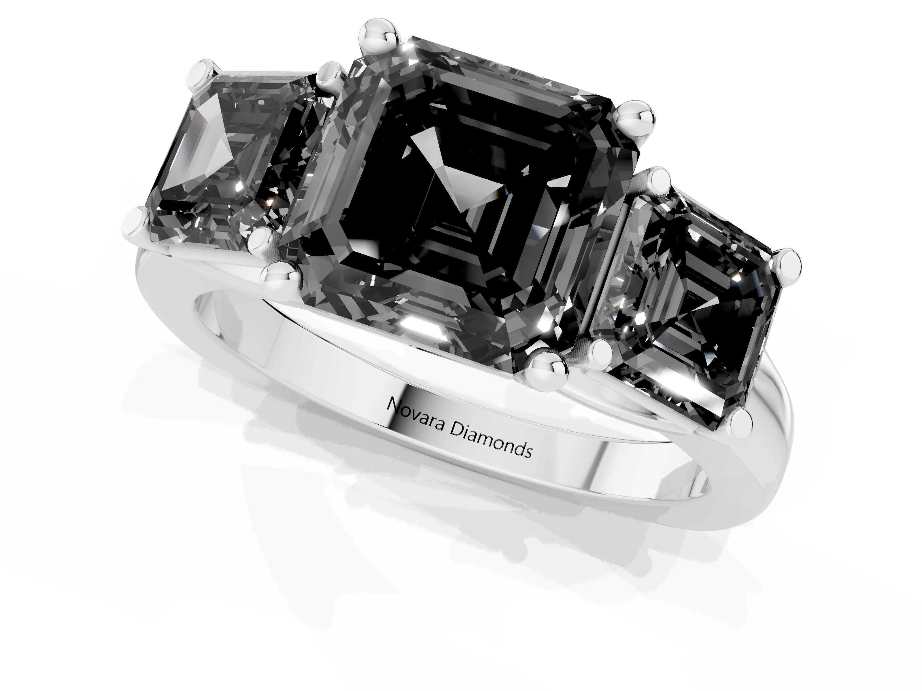 Fancy Black Asscher Cut Diamond Three-Stone Trellis Ring Set in White gold with Comfort Fit Band
