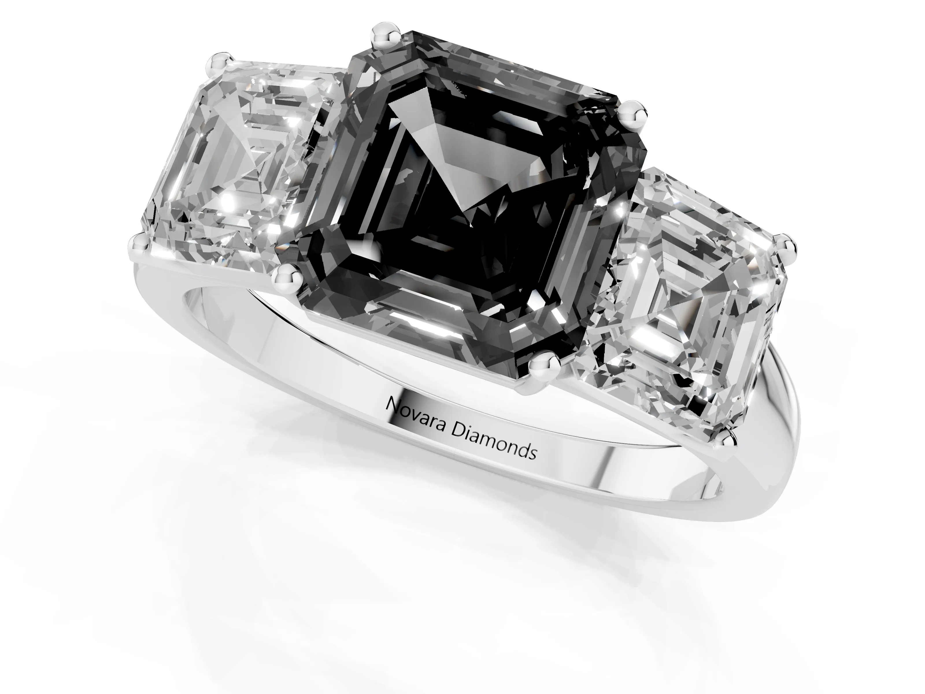 Fancy Black Asscher Cut Diamond Three-Stone Ring Set in Silver with Classic Prong Setting and Plain Band