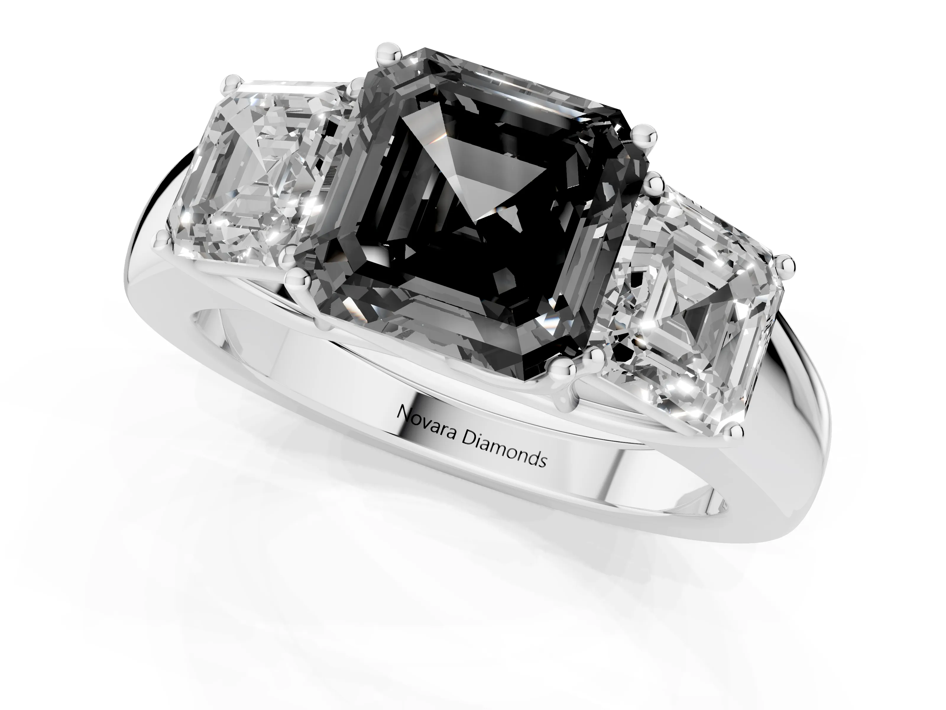 Fancy Black Three-Stone Asscher Cut Diamond Ring Set in Silver with Matching Prong Settings and Plain Band