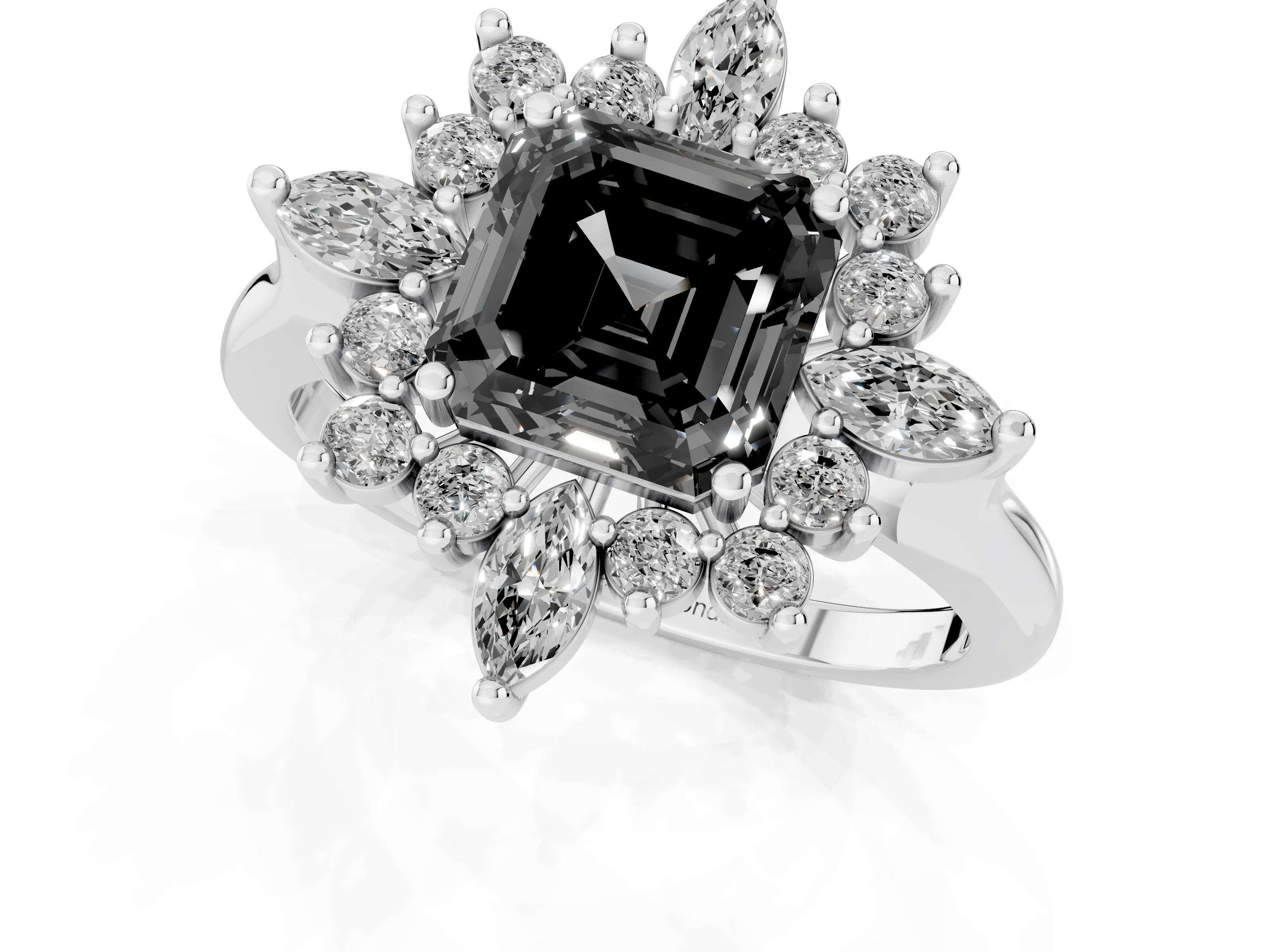 Fancy Black Asscher Cut Diamond Cluster Halo Ring Set in Silver with Marquise and Round Accents