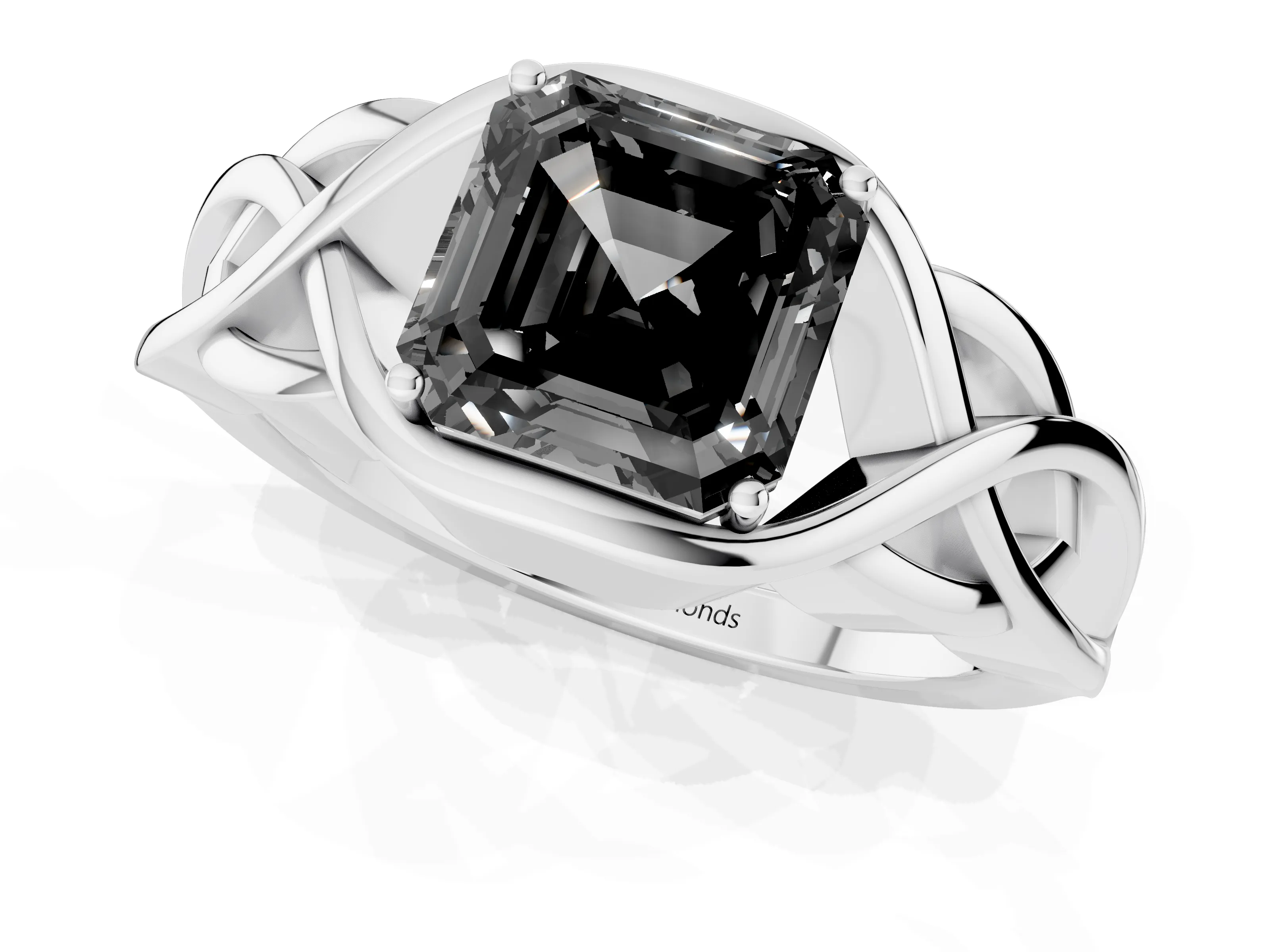 Fancy Black Asscher Cut Diamond Solitaire Ring Set in Platinum with Intertwined Band