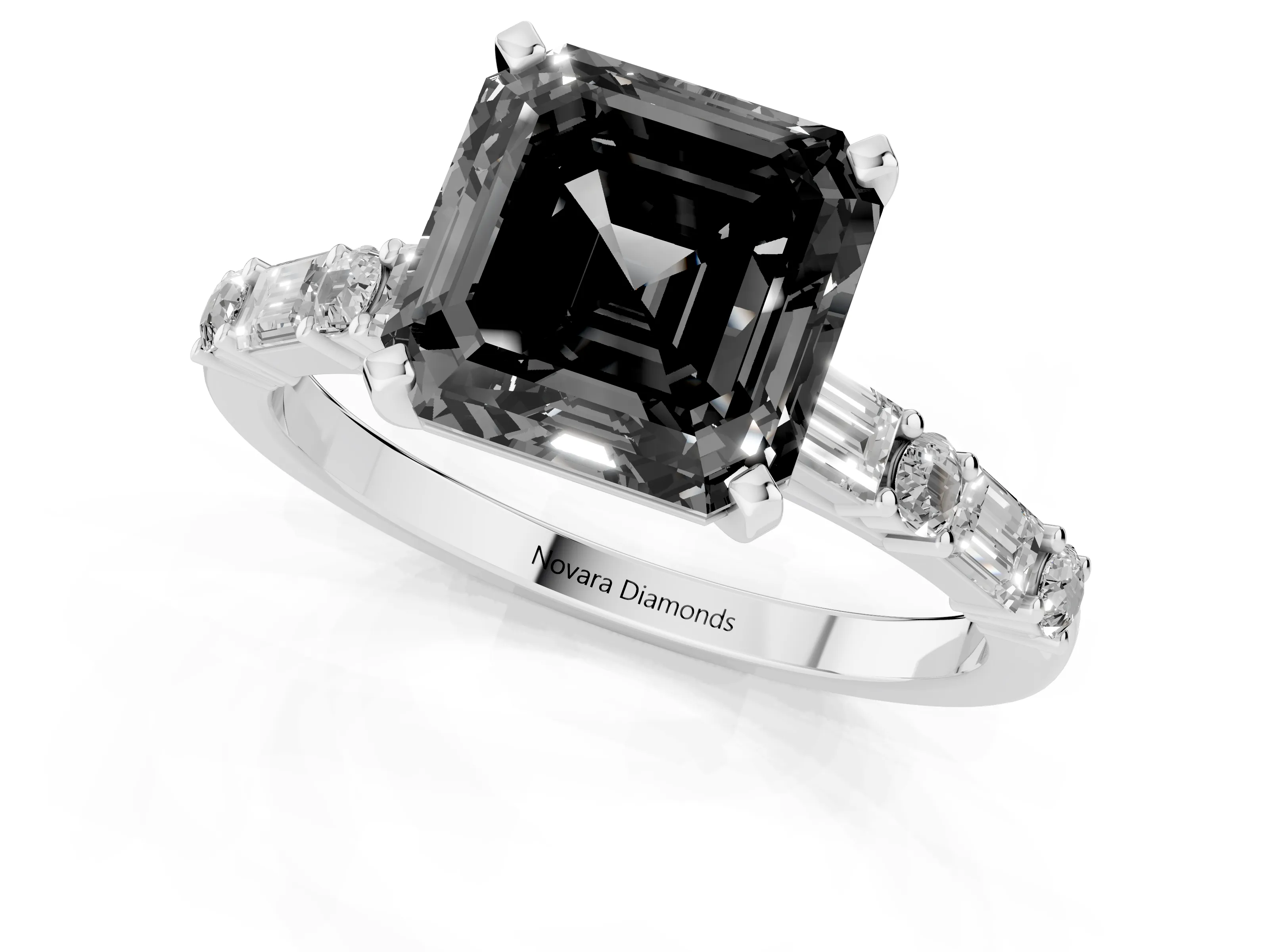 Fancy Black Asscher Cut Diamond Solitaire Set in Silver with Side Baguettes and Channel Set Band