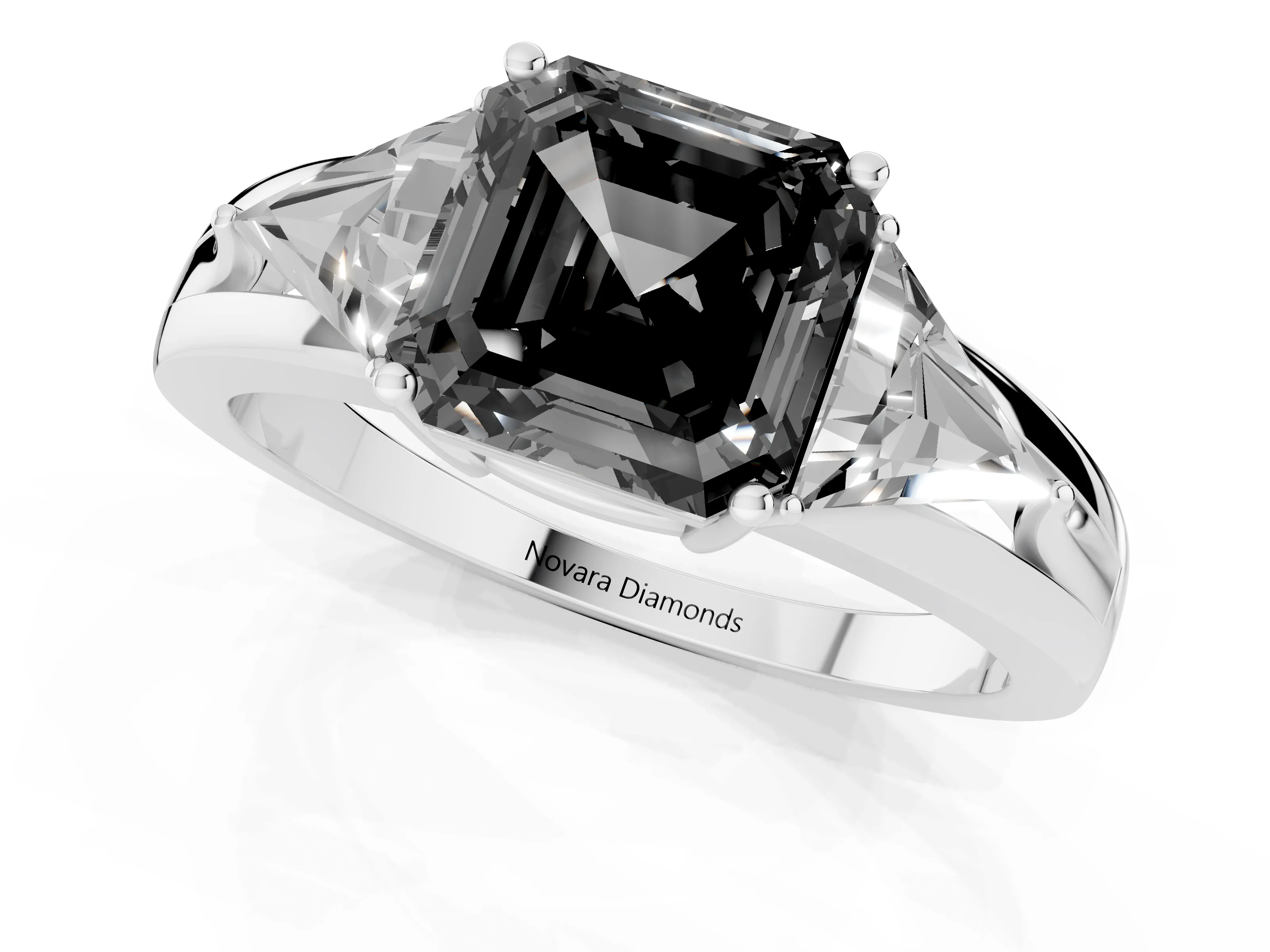 Fancy Black Asscher Cut Diamond Three-Stone Ring Set in Silver with Trillion Side Stones and Split Shank – second view