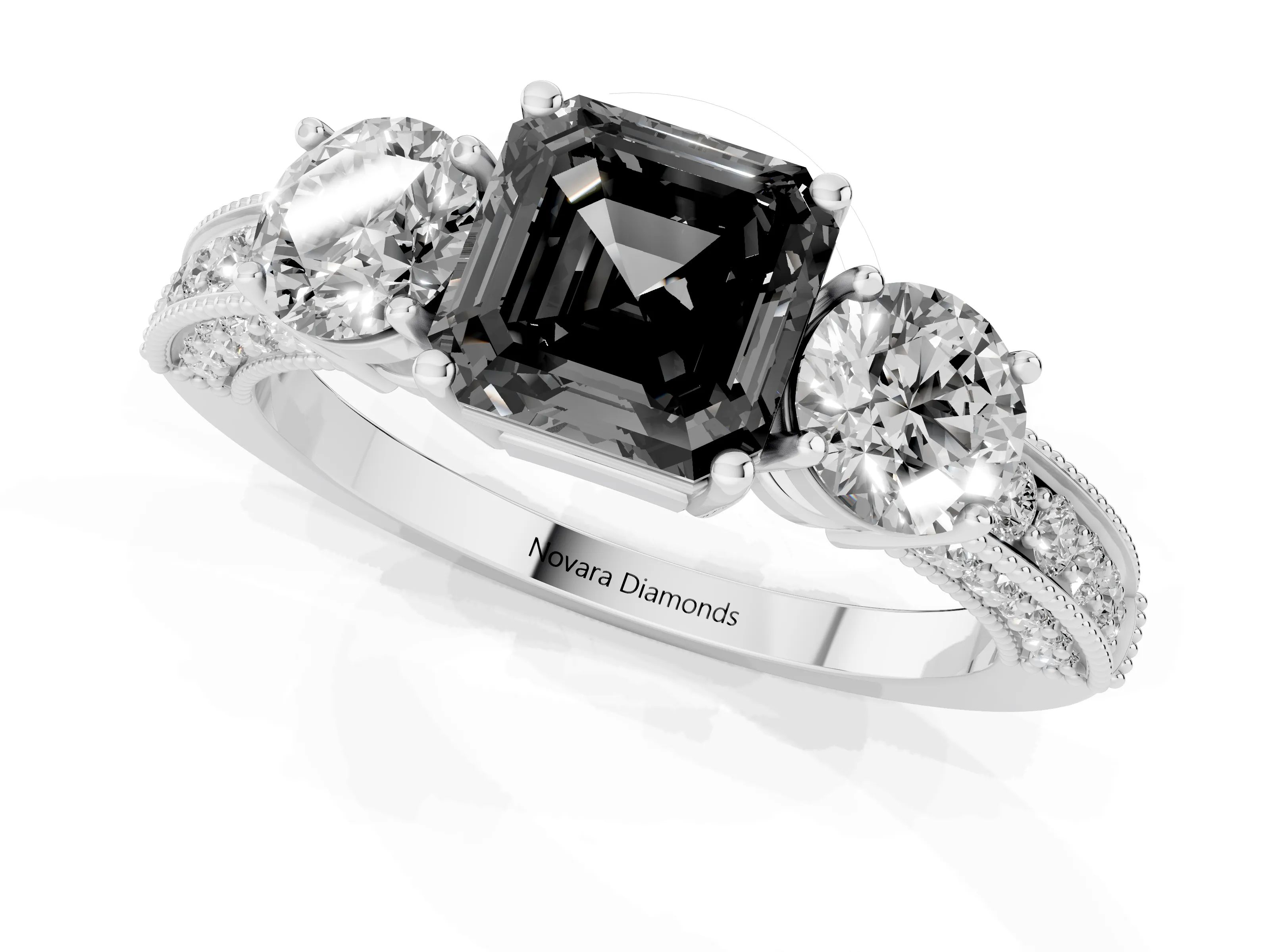 Fancy Black Asscher Cut Diamond Three-Stone Ring Set in White gold with Round Side Stones and Pavé Band