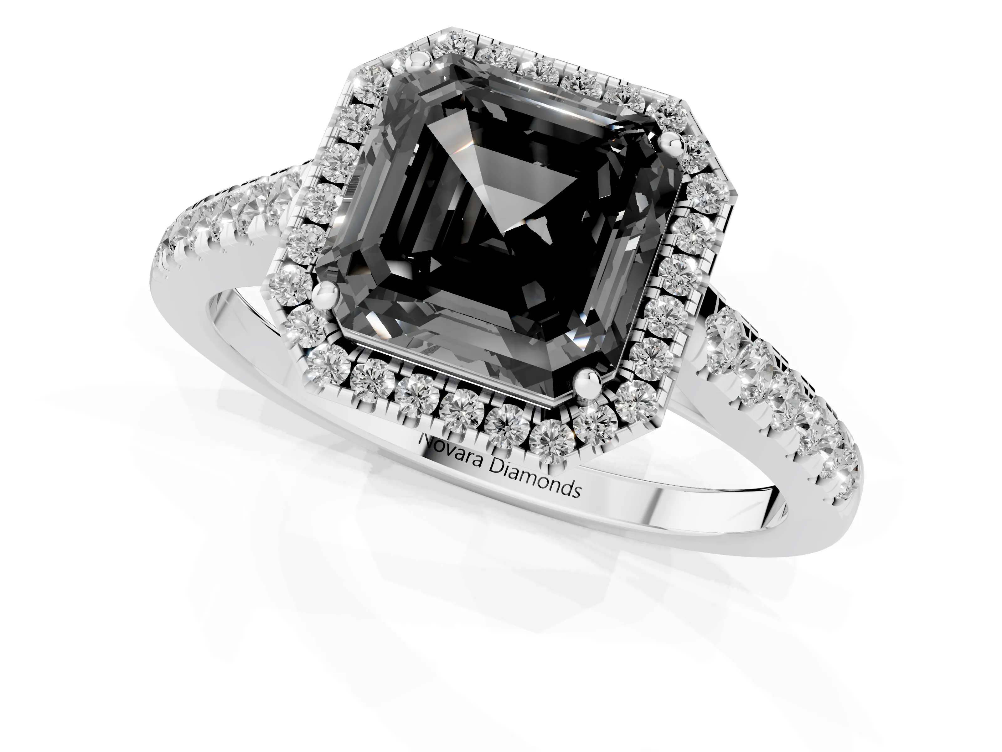 Fancy Black Asscher Cut Diamond Halo Pavé Engagement Ring Set in White gold with Prong Setting