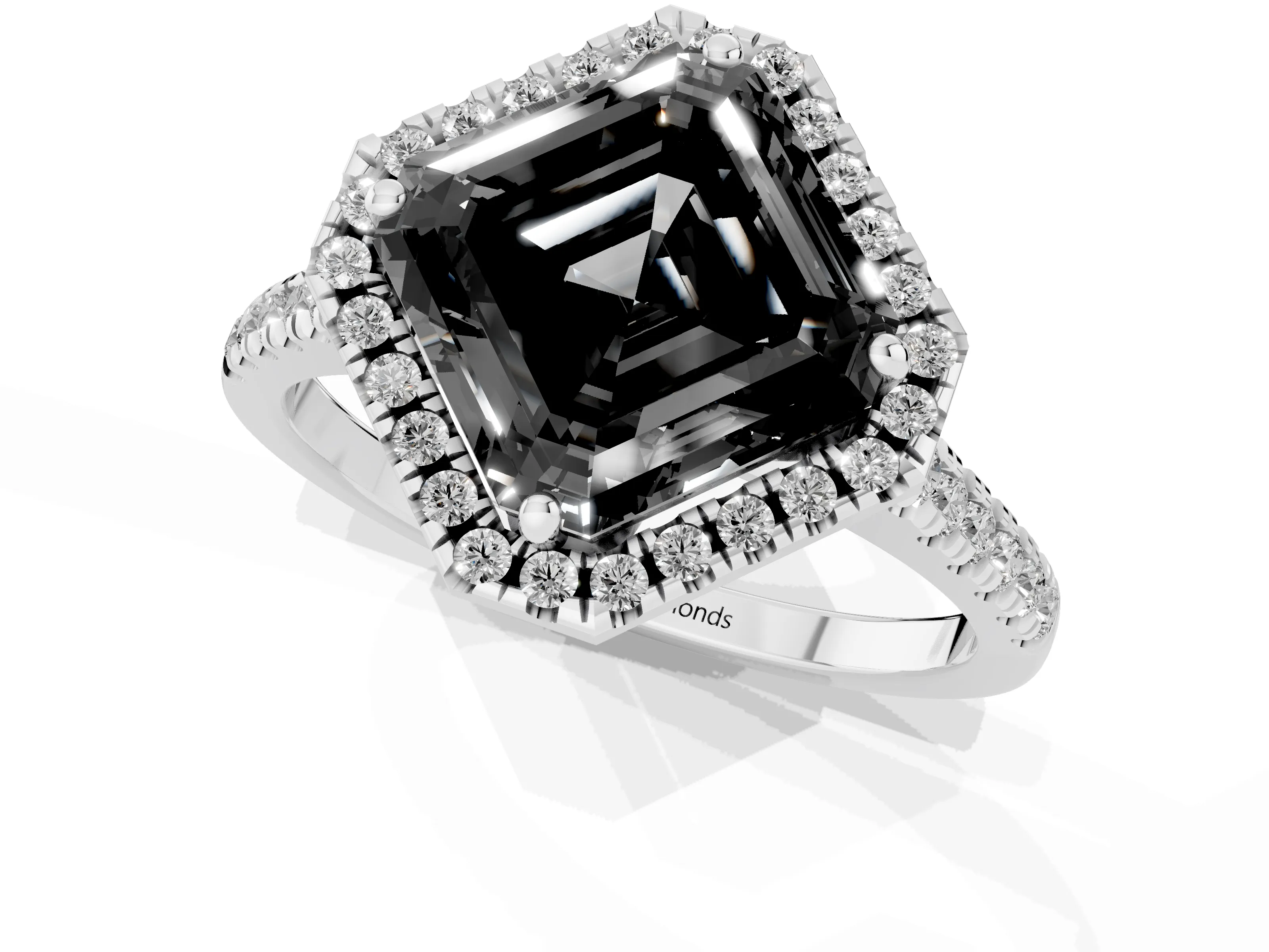 Fancy Black Asscher Cut Diamond Cushion Halo Ring Set in White gold with Pavé Band – second view